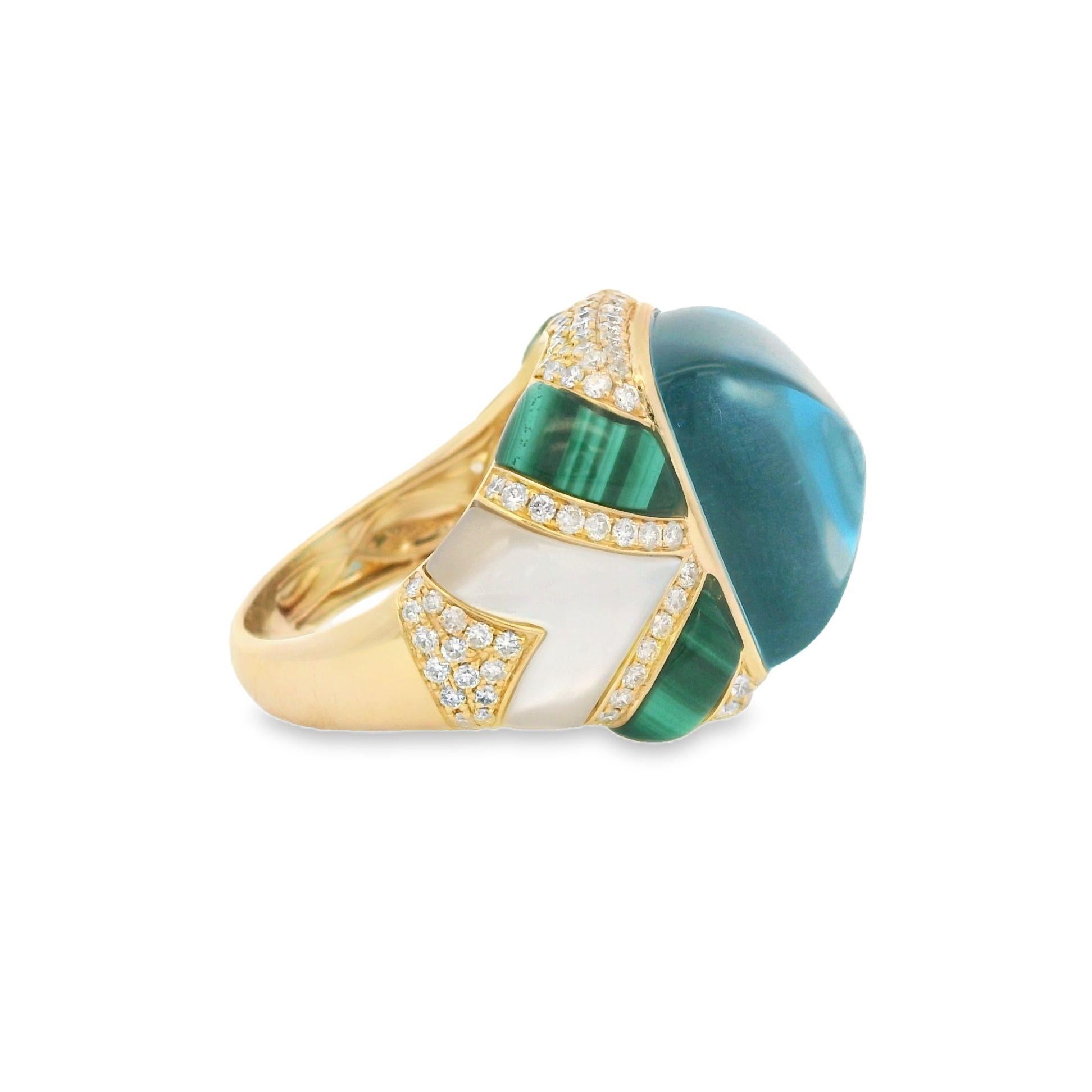 Sugarloaf Blue Topaz Malachite Diamond Cocktail Ring in 18 Karat Yellow Gold 2
