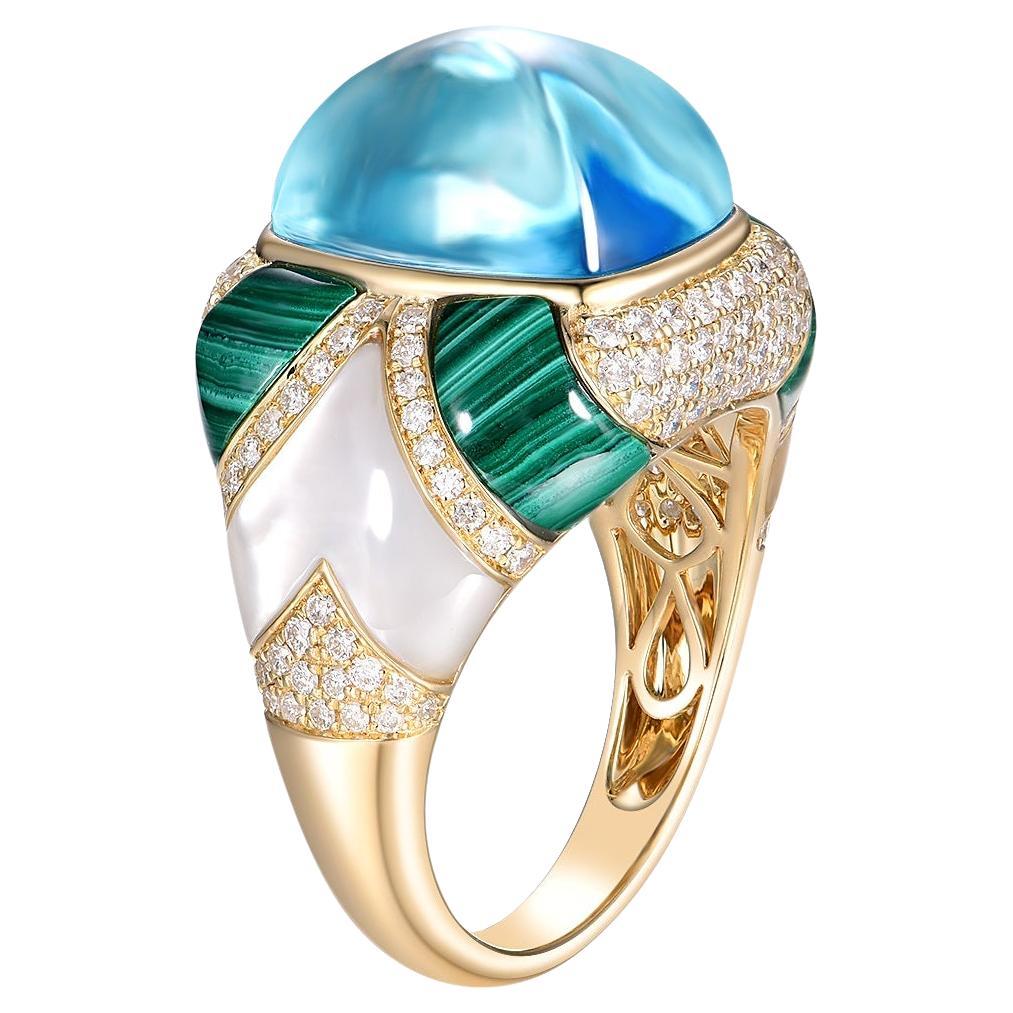 Sugarloaf Blue Topaz Malachite Diamond Cocktail Ring in 18 Karat Yellow Gold For Sale