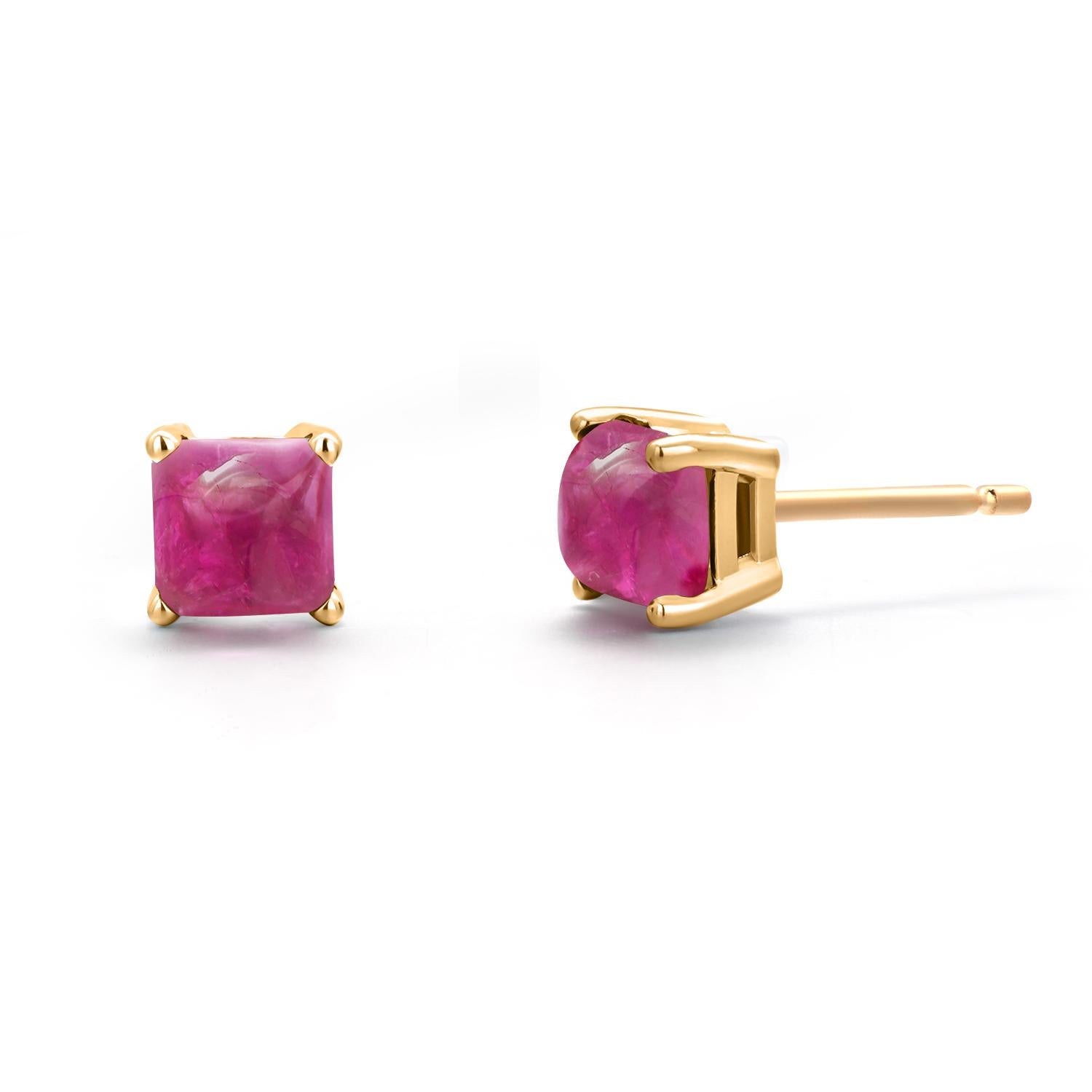 Women's or Men's Sugarloaf Burma Cabochon Ruby 0.80 Carat Yellow Gold 0.18 Inch Stud Earrings For Sale