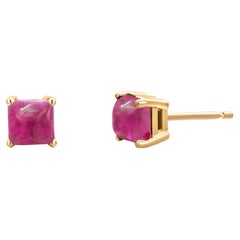 Sugarloaf Burma Cabochon Ruby 0.80 Carat Yellow Gold 0.18 Inch Stud Earrings