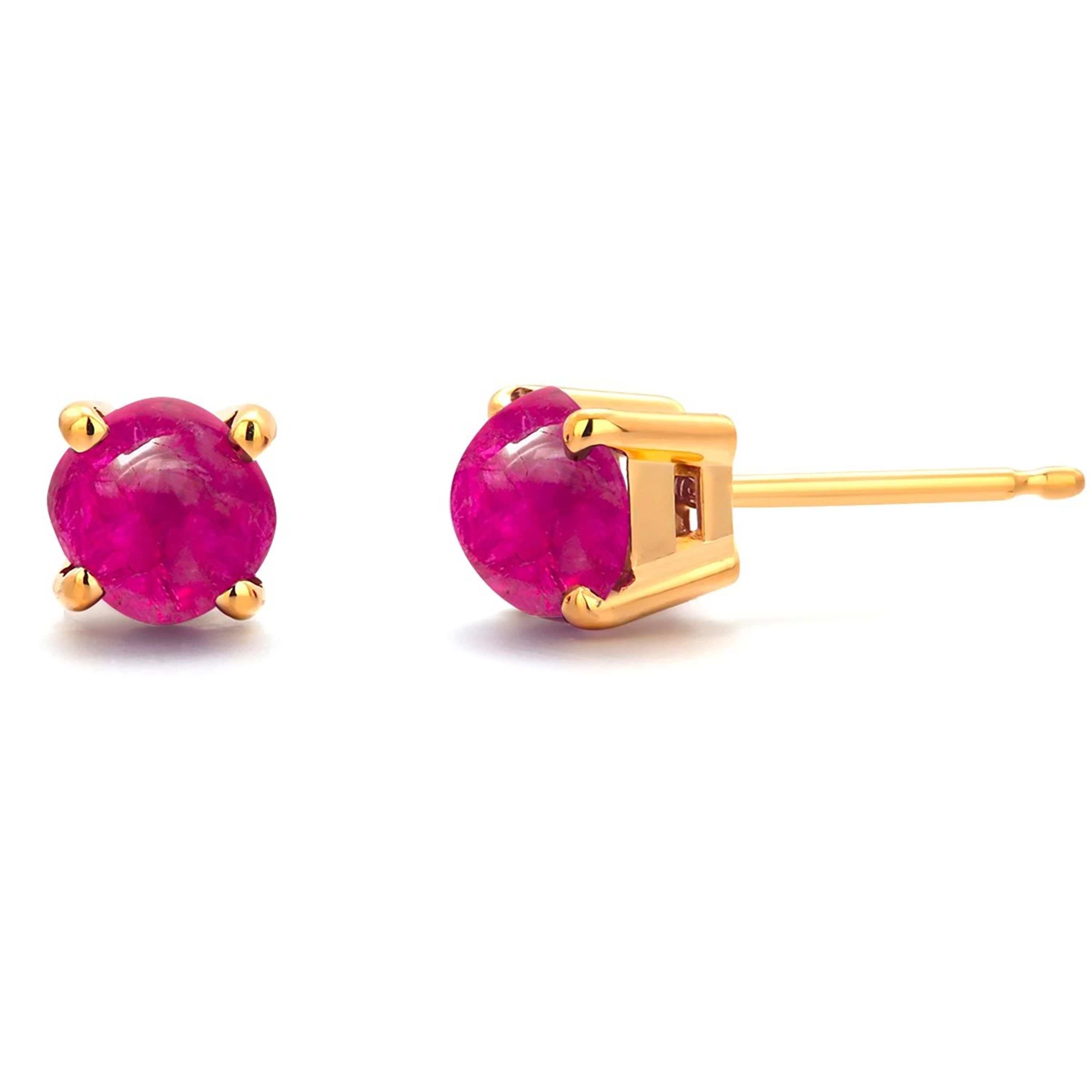 Women's or Men's Sugarloaf Burma Cabochon Ruby 1.90 Carat Yellow Gold 0.20 Inch Stud Earrings 