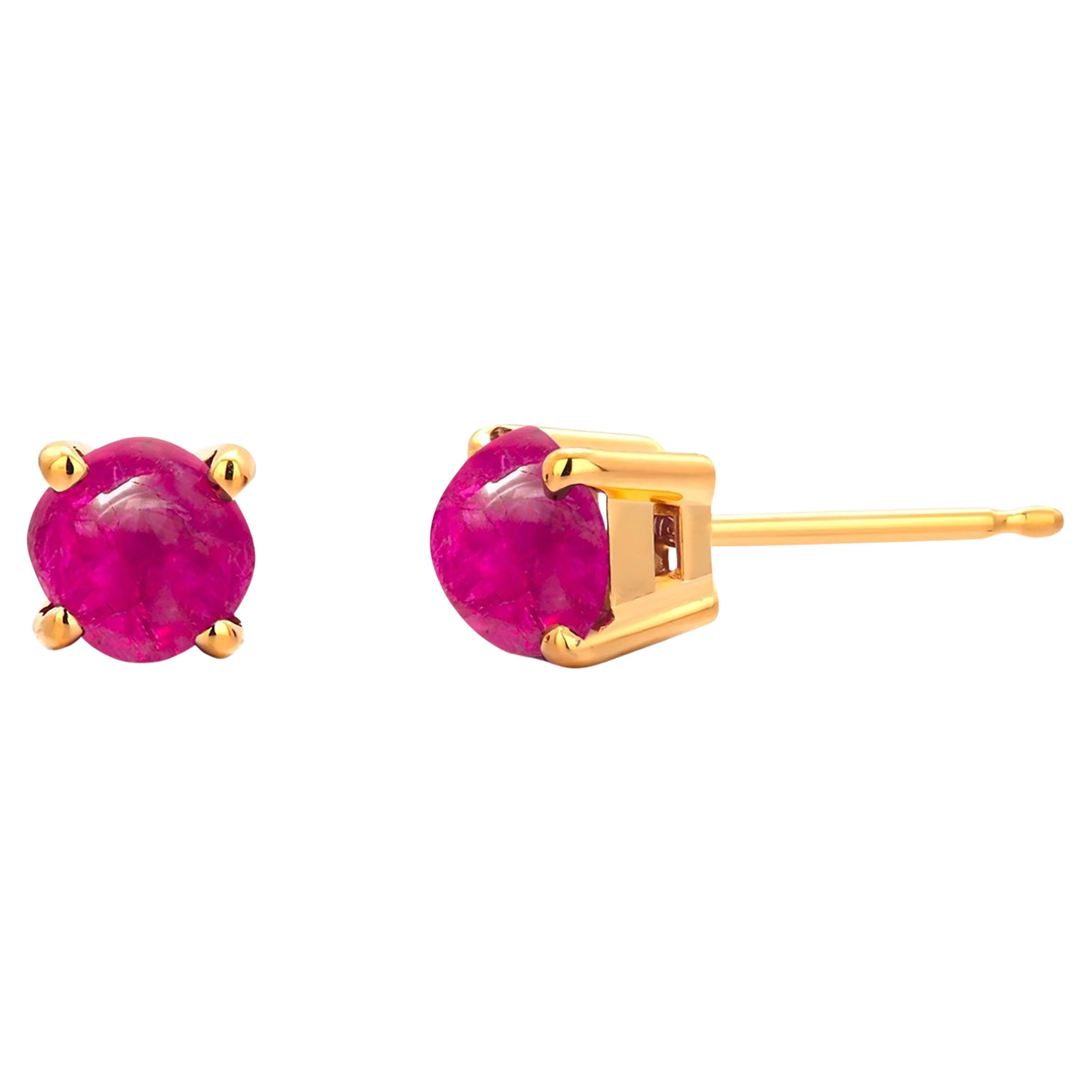 Sugarloaf Burma Cabochon Ruby 1.90 Carat Yellow Gold 0.20 Inch Stud Earrings  For Sale