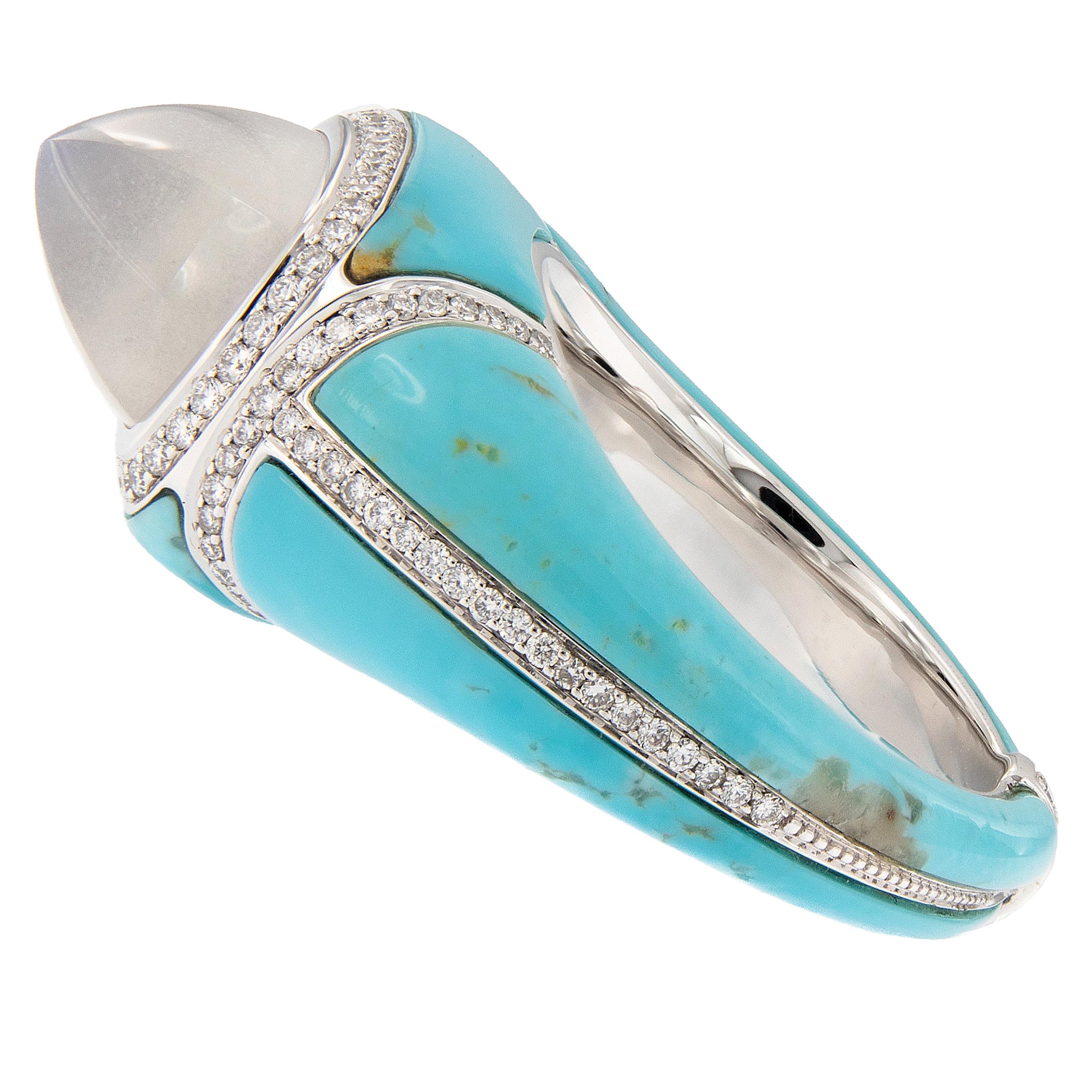 Sugarloaf Burmese Moonstone and Sleeping Beauty Turquoise Diamond Dome Ring