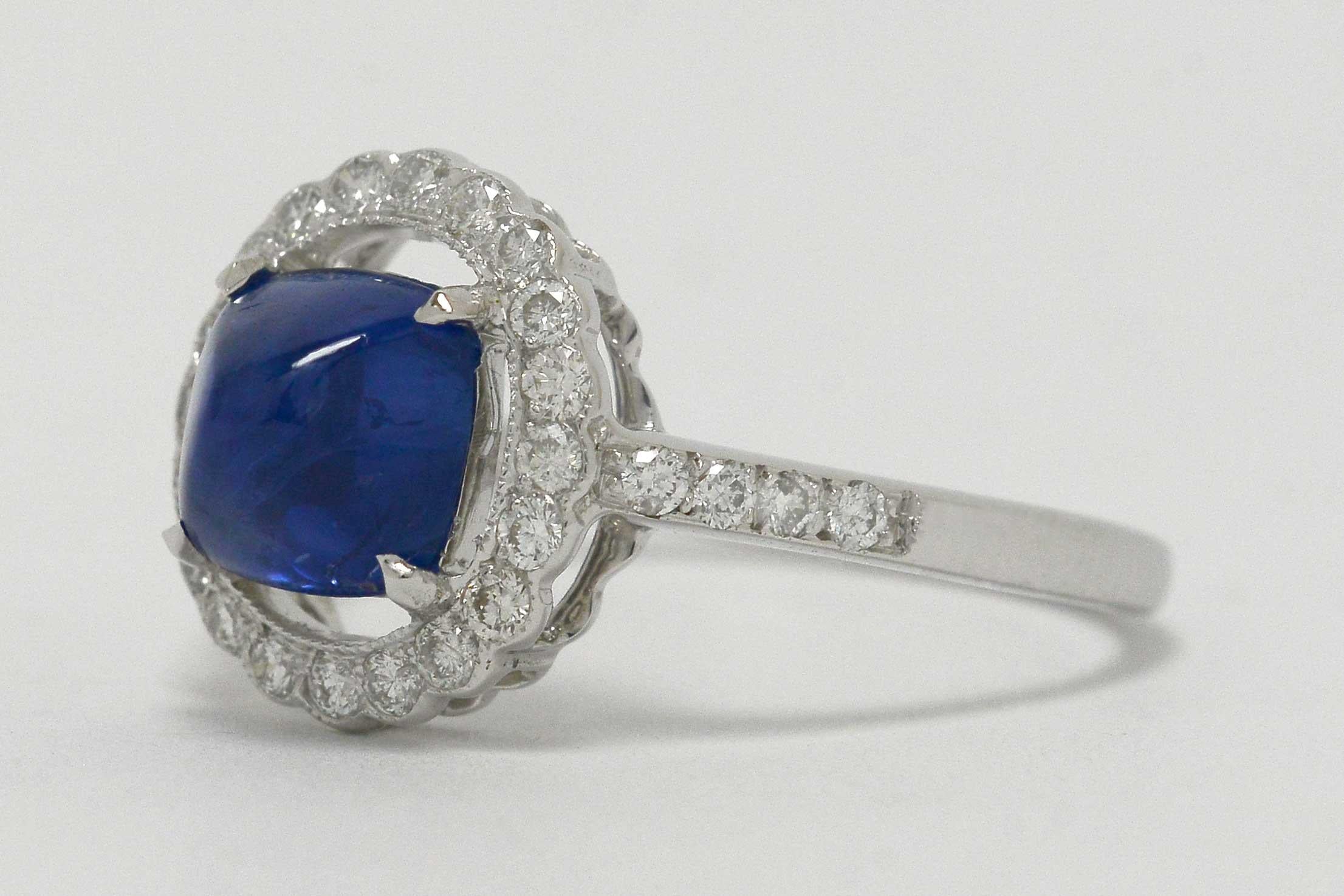 Art Deco Sugarloaf Cabochon Blue Sapphire Halo Diamond White Gold Target Engagement Ring
