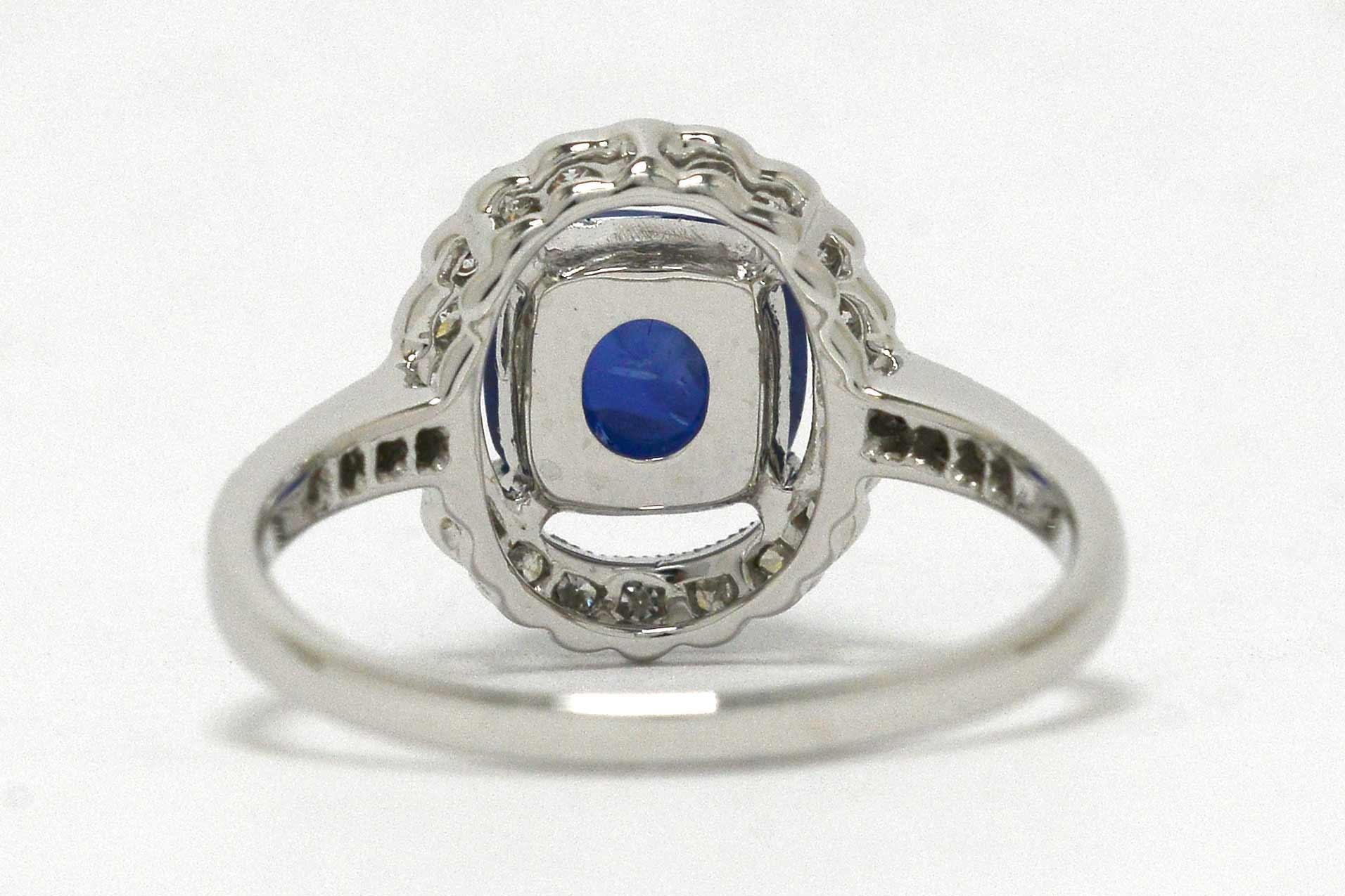 Sugarloaf Cabochon Blue Sapphire Halo Diamond White Gold Target Engagement Ring In Good Condition In Santa Barbara, CA