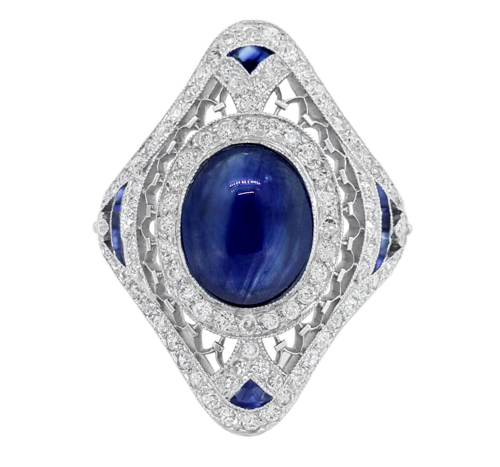 Art Deco Sugarloaf Cabochon Blue Sapphire & Old European Cut Diamond  Ring For Sale