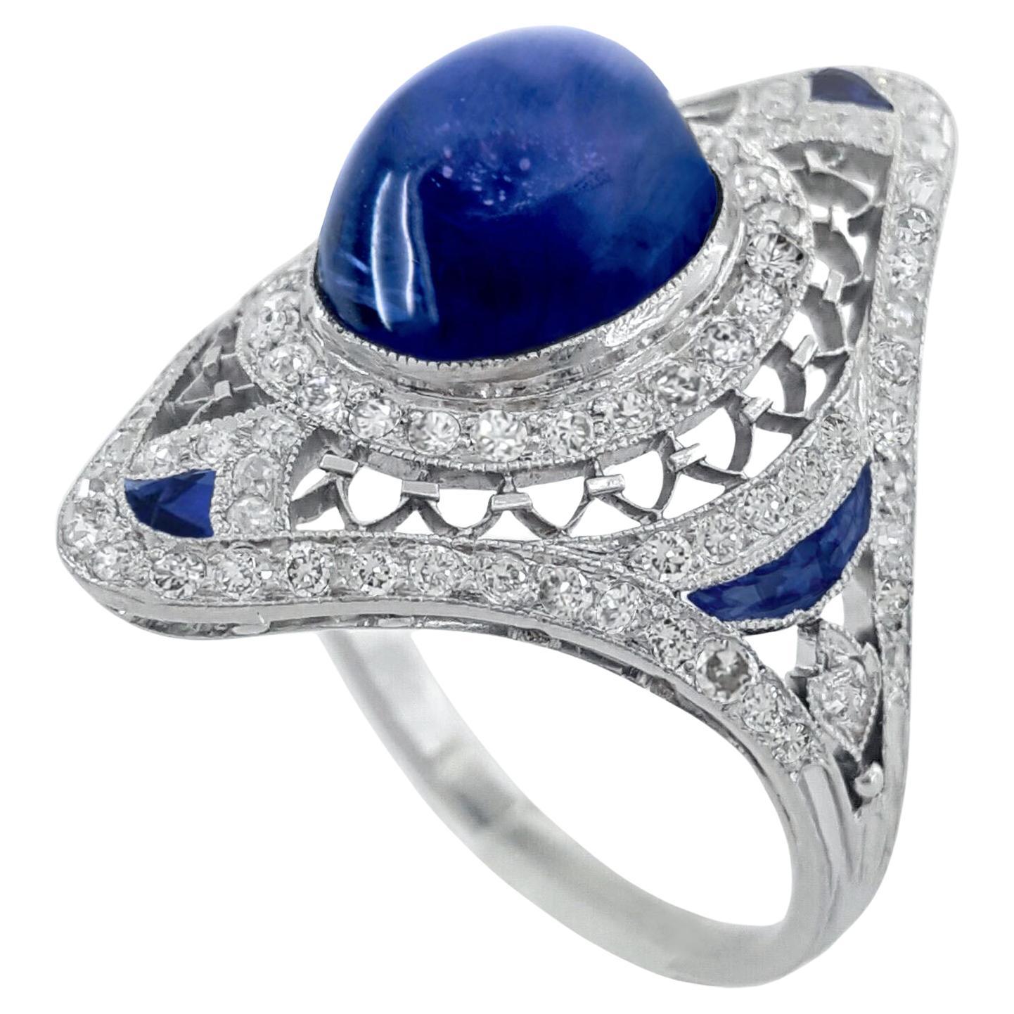 Sugarloaf Cabochon Blue Sapphire & Old European Cut Diamond  Ring For Sale