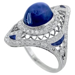 Vintage Sugarloaf Cabochon Blue Sapphire & Old European Cut Diamond  Ring
