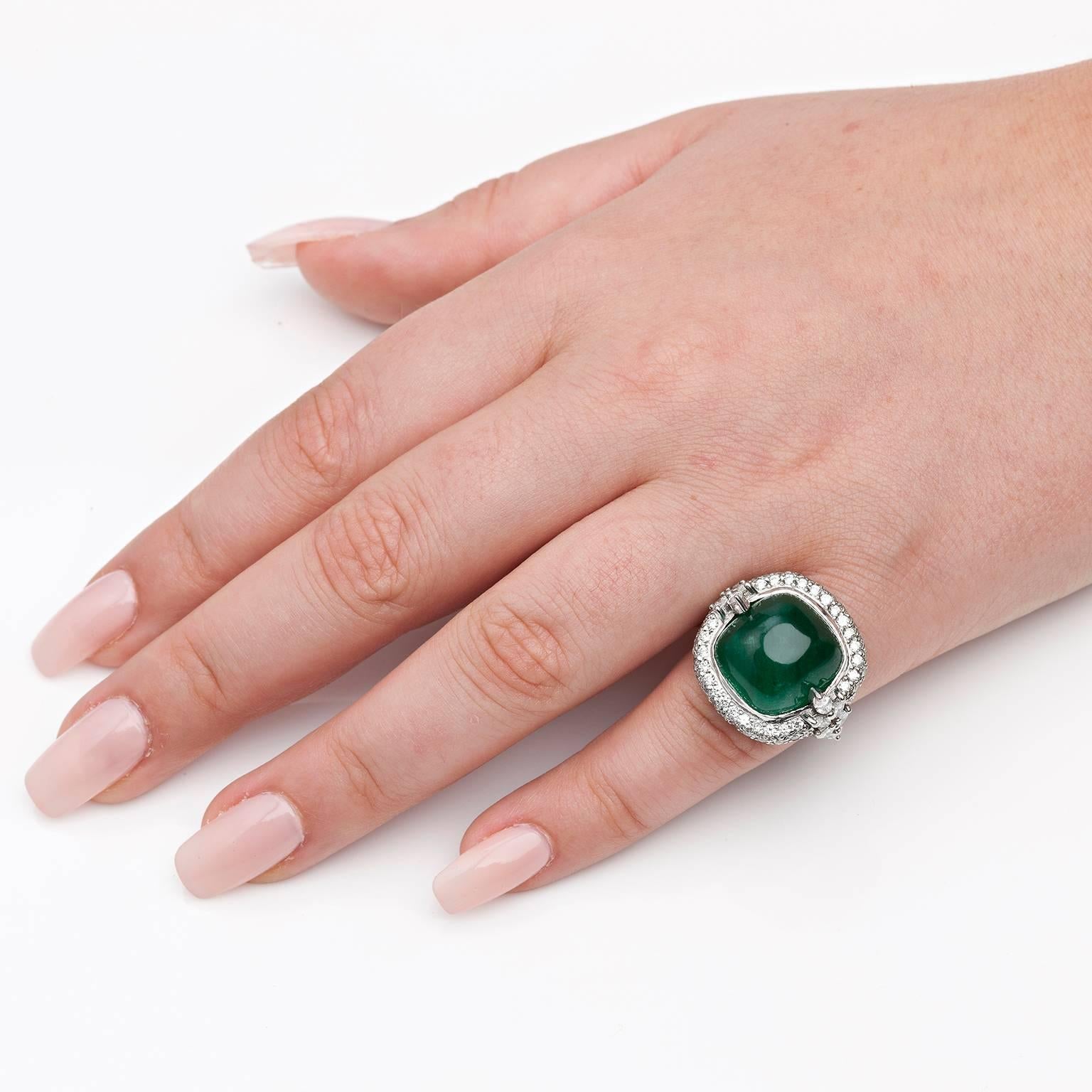 Women's Sugarloaf Cabochon Cut Emerald Diamond Cocktail Ring For Sale