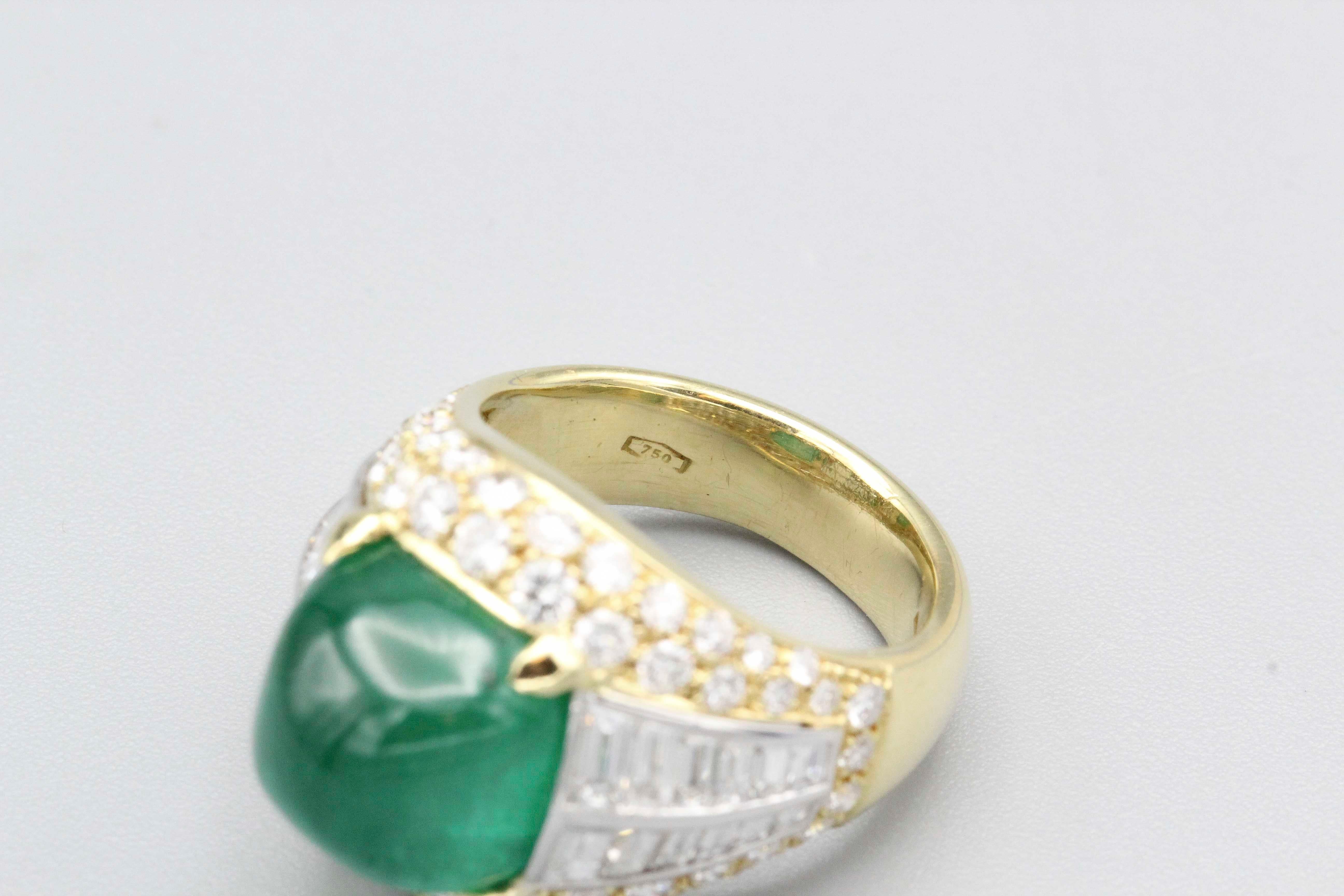Women's Sugarloaf Cabochon Emerald and Diamond and 18 Karat Gold Ring For Sale