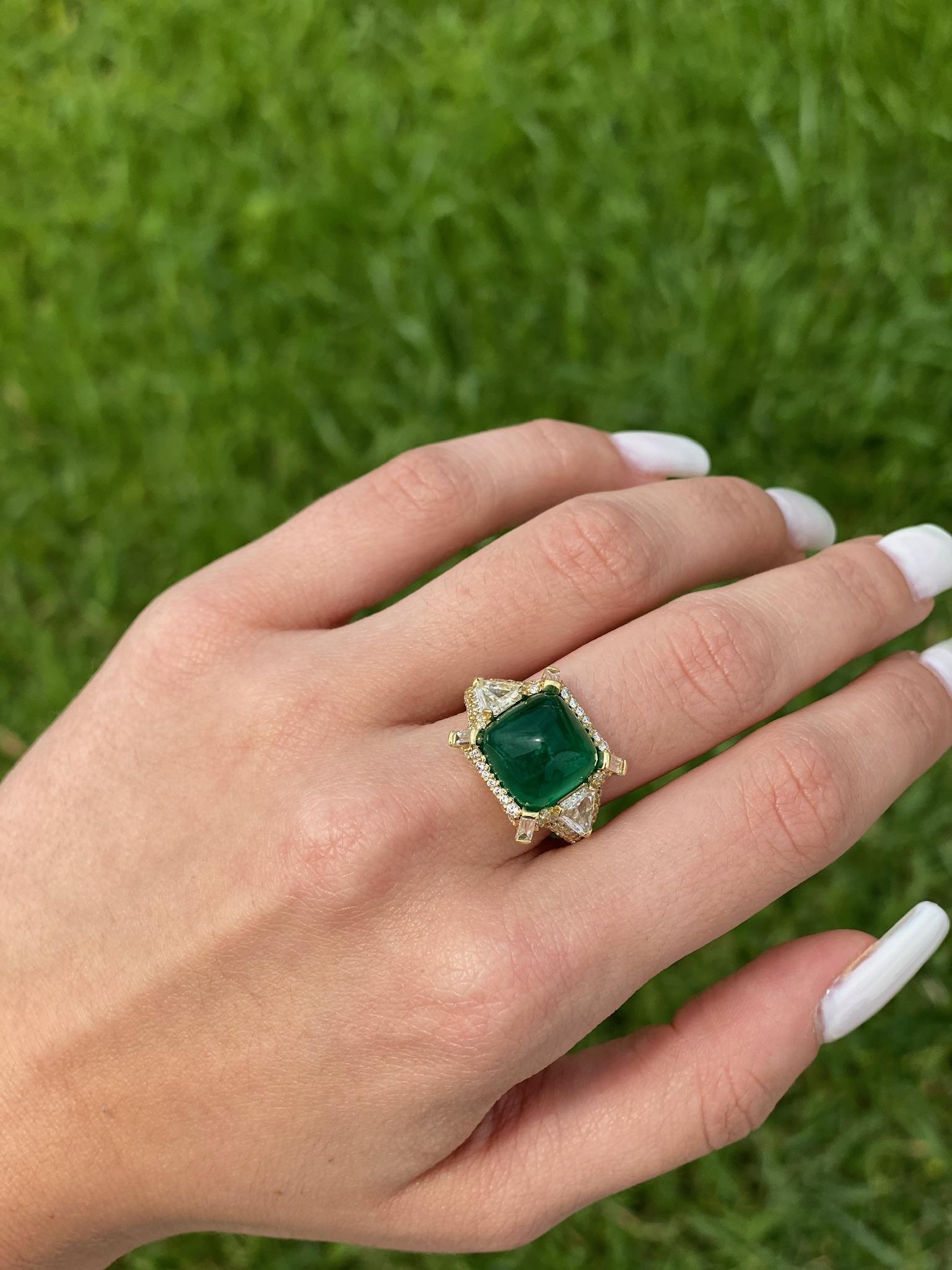 Modern Sugarloaf Cabochon Emerald and Diamond Ring