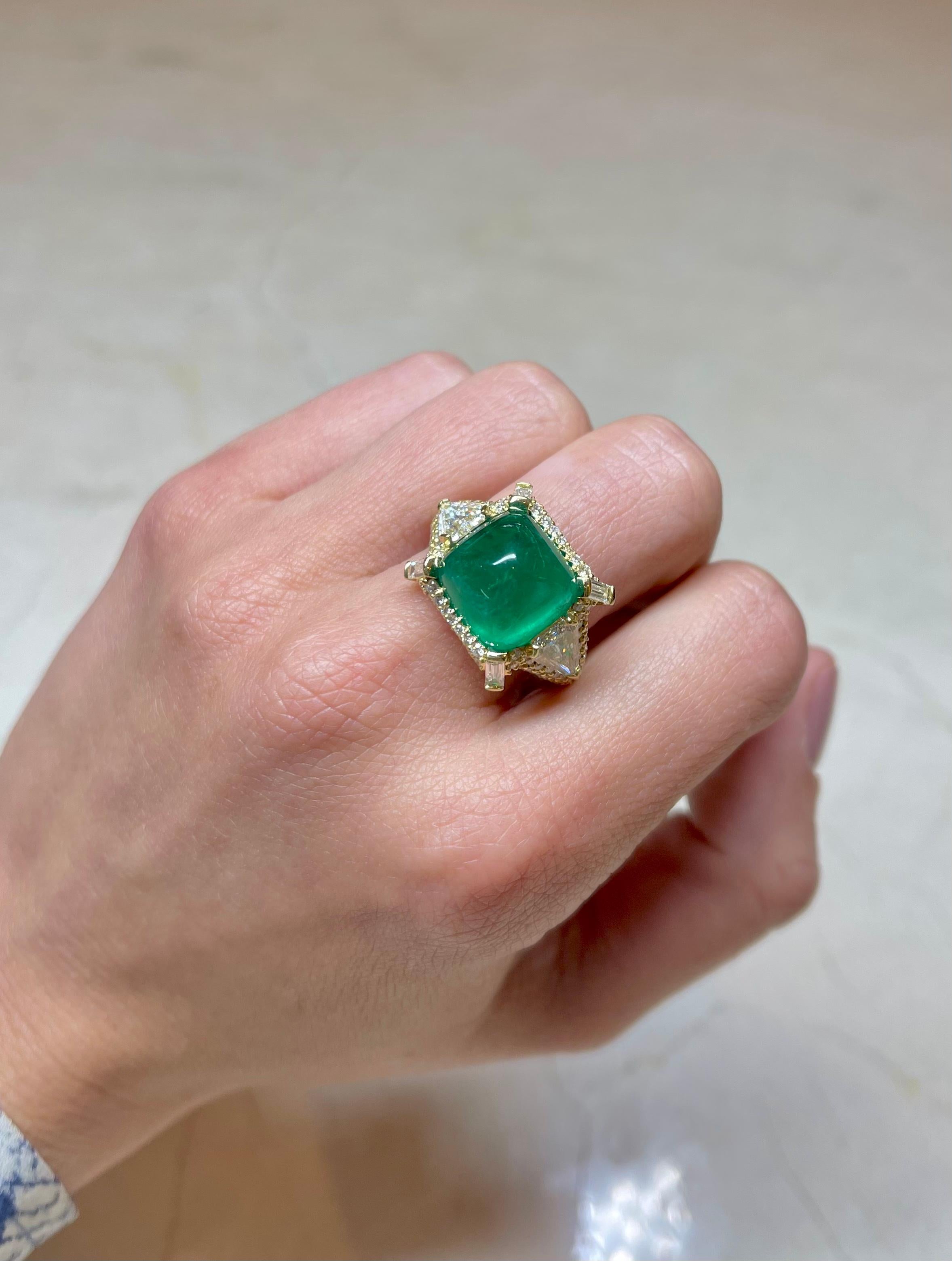 Women's or Men's Sugarloaf Cabochon Emerald and Diamond Ring