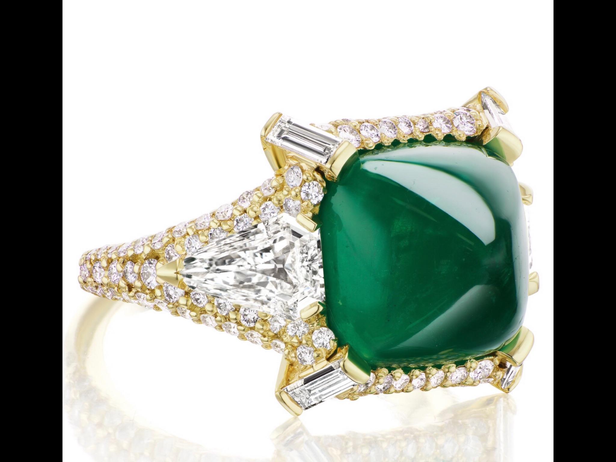 Sugarloaf Cabochon Emerald and Diamond Ring at 1stDibs