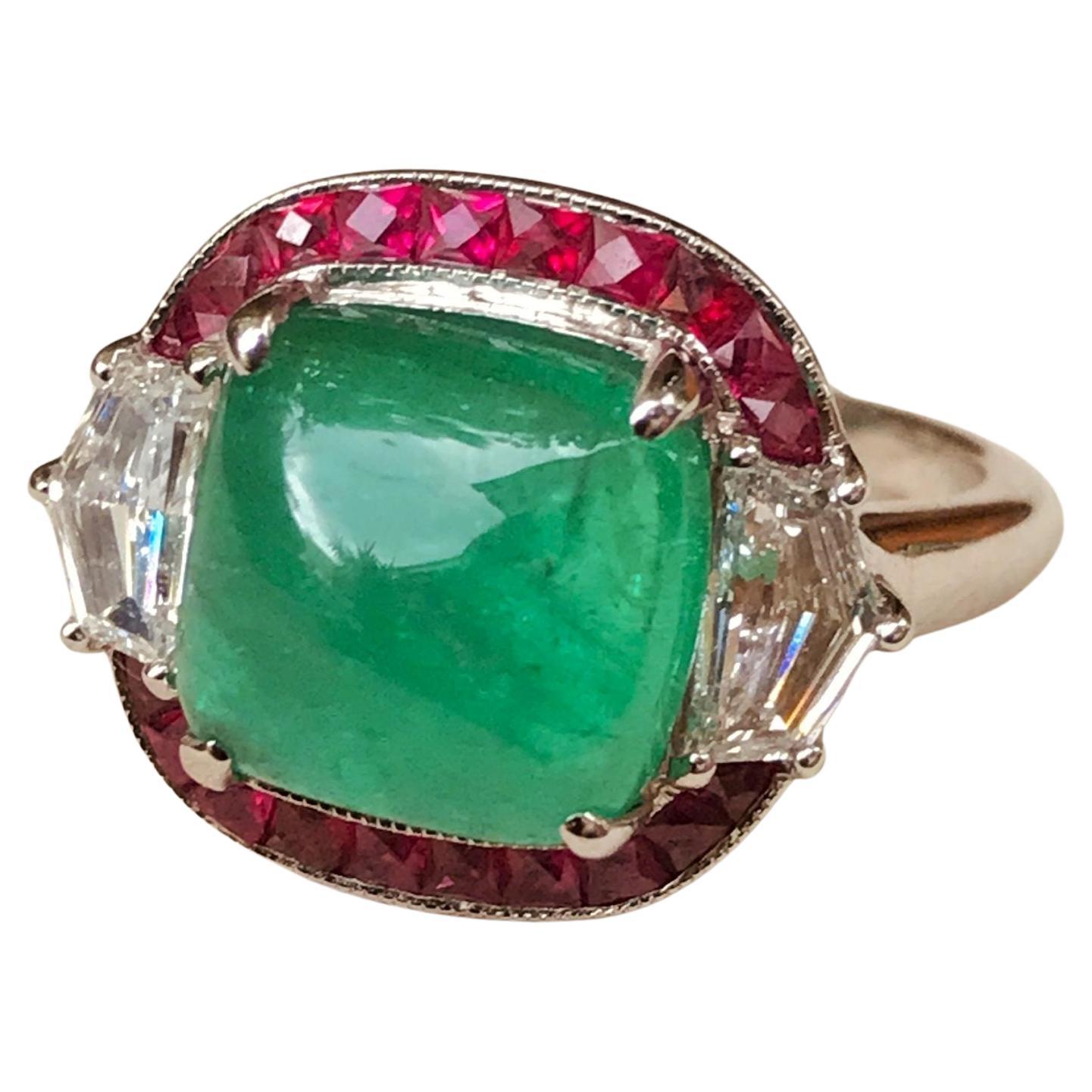 Sugarloaf Cabochon Emerald Ruby & Diamond Halo Side Stone 18K White Gold Ring