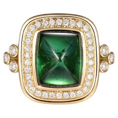 Sugarloaf Cabochon Green Tourmaline Diamond Cocktail Ring in 18k Yellow Gold