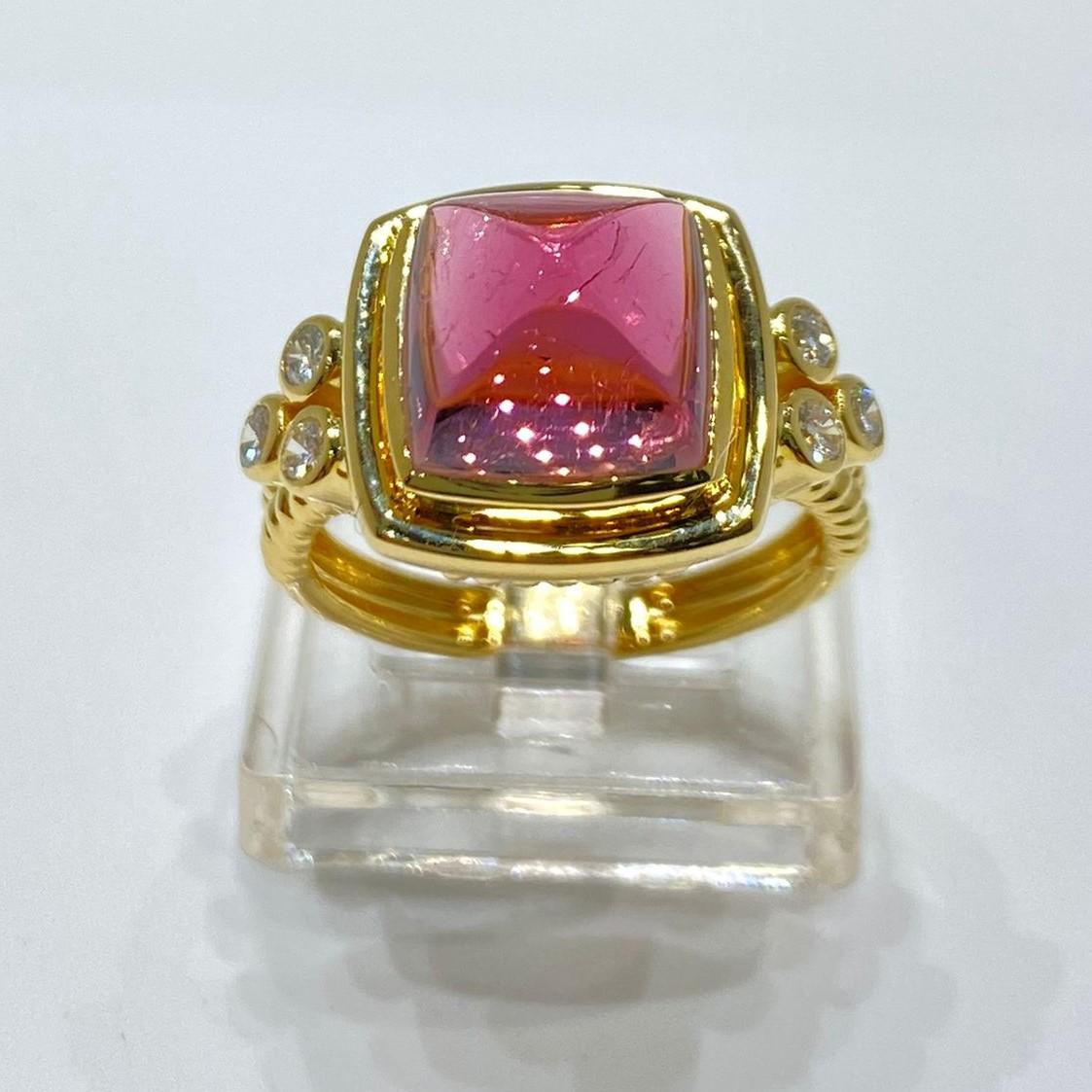 Cocktailring aus 18 Karat Gelbgold mit rosa Turmalin und Diamant im Zuckerhut-Cabochon-Schliff 1