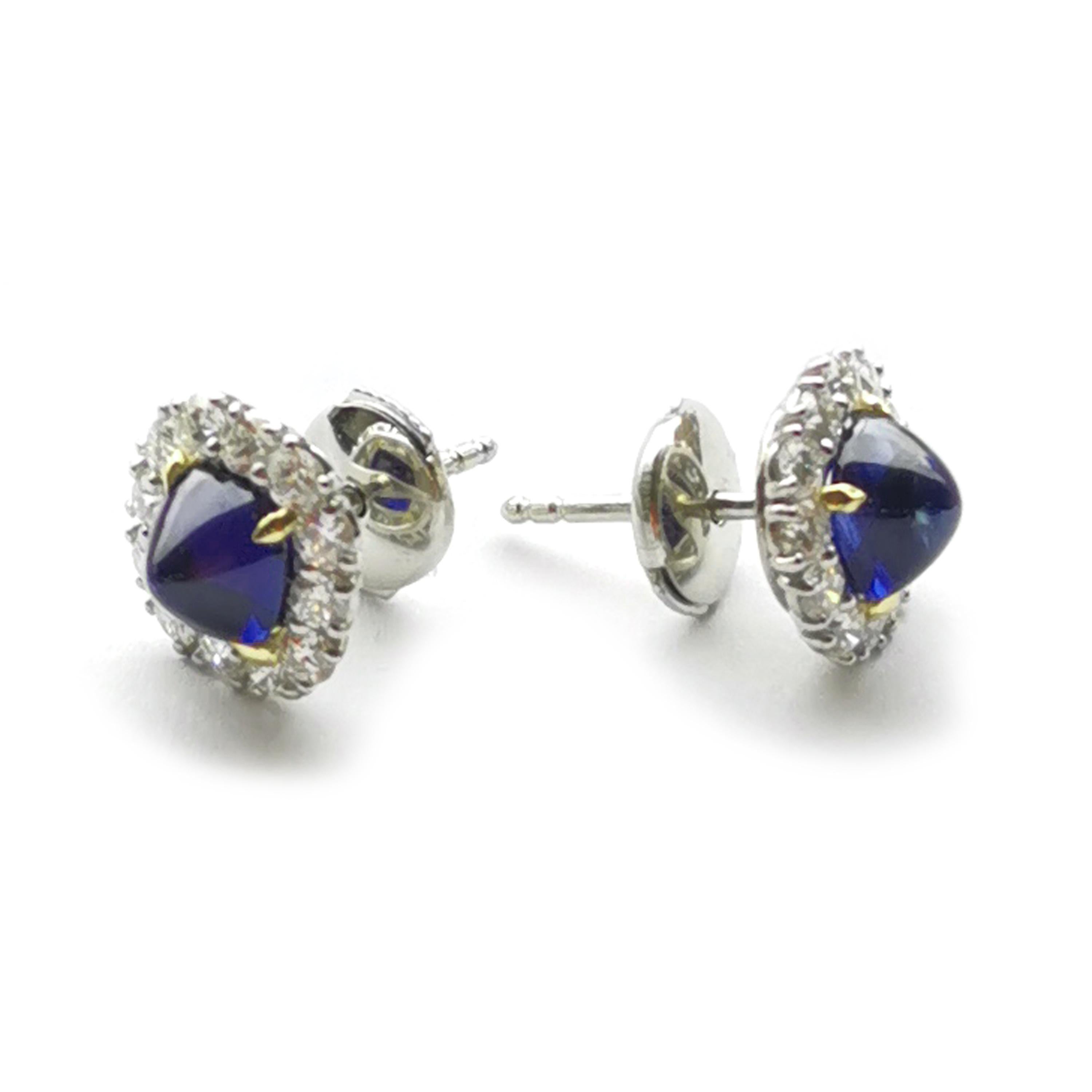 Modern Sugarloaf Cabochon Sapphire, Diamond and Platinum Cluster Earrings, 2.83 Carats For Sale