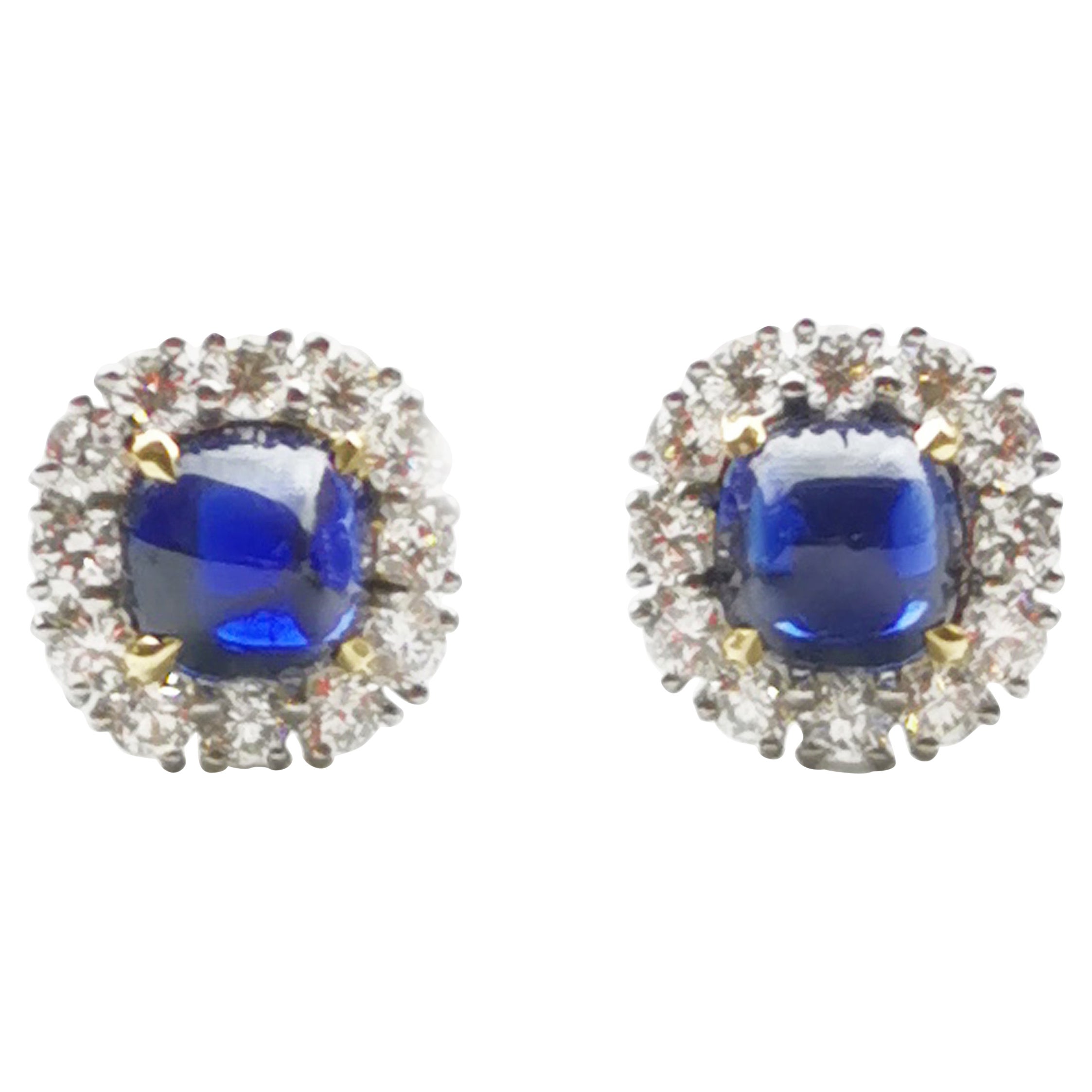 Sugarloaf Cabochon Sapphire, Diamond and Platinum Cluster Earrings, 2.83 Carats