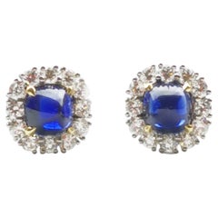 Sugarloaf Cabochon Sapphire, Diamond and Platinum Cluster Earrings, 2.83 Carats