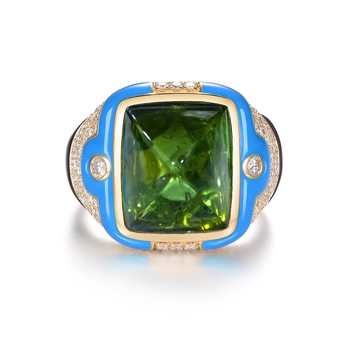 Introducing the ultimate statement piece - a stunning ring that is sure to turn heads and take your breath away. Handcrafted in geometrical shape, this ring features a magnificent 9.79 carat green cabochon tourmaline, accentuated with 0.85 carats of