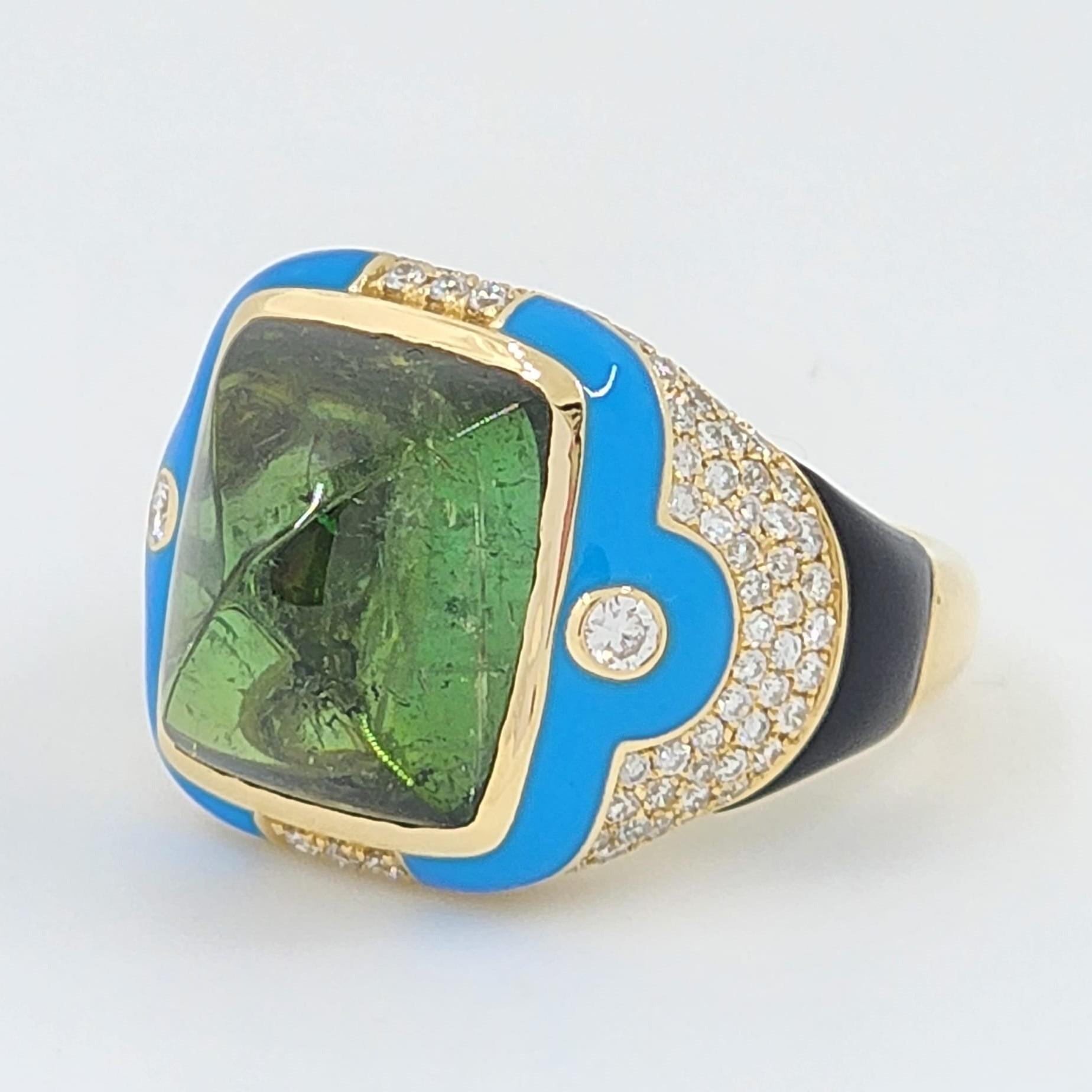 Art Deco 9.79ct Sugarloaf Cabochon Tourmaline Onyx Diamond Enamel Cocktail Ring 18k Gold