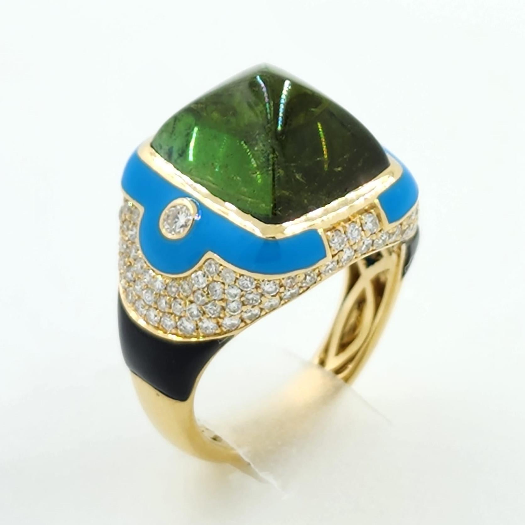 9.79ct Sugarloaf Cabochon Tourmaline Onyx Diamond Enamel Cocktail Ring 18k Gold In New Condition In Hong Kong, HK