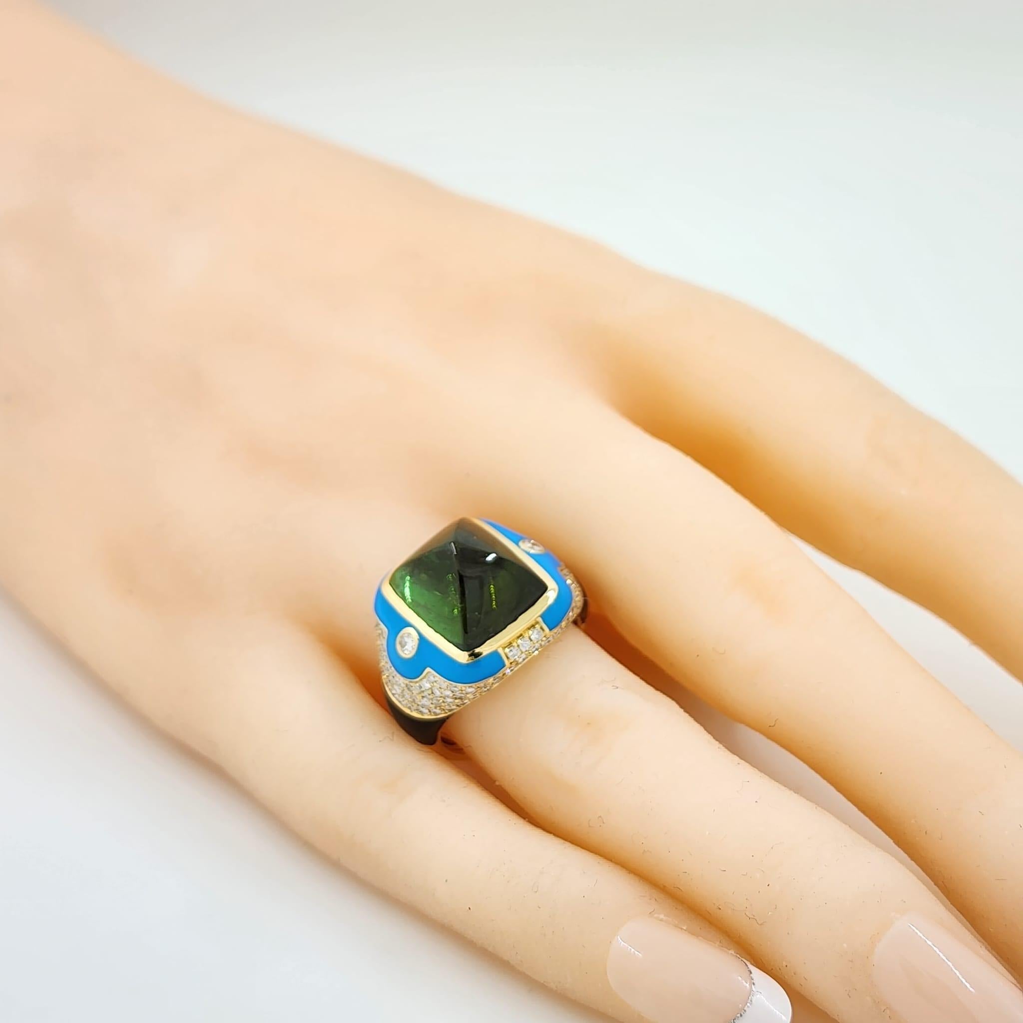 9.79ct Sugarloaf Cabochon Tourmaline Onyx Diamond Enamel Cocktail Ring 18k Gold 1