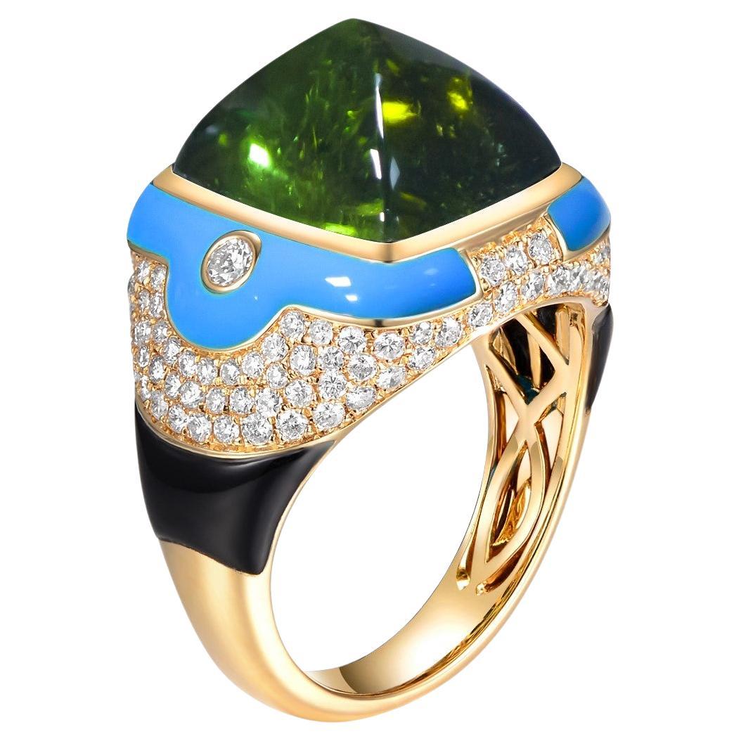 9.79ct Sugarloaf Cabochon Tourmaline Onyx Diamond Enamel Cocktail Ring 18k Gold
