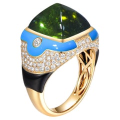 Sugarloaf Cabochon Tourmaline Onyx Diamond Enamel Cocktail Ring in 18k Gold