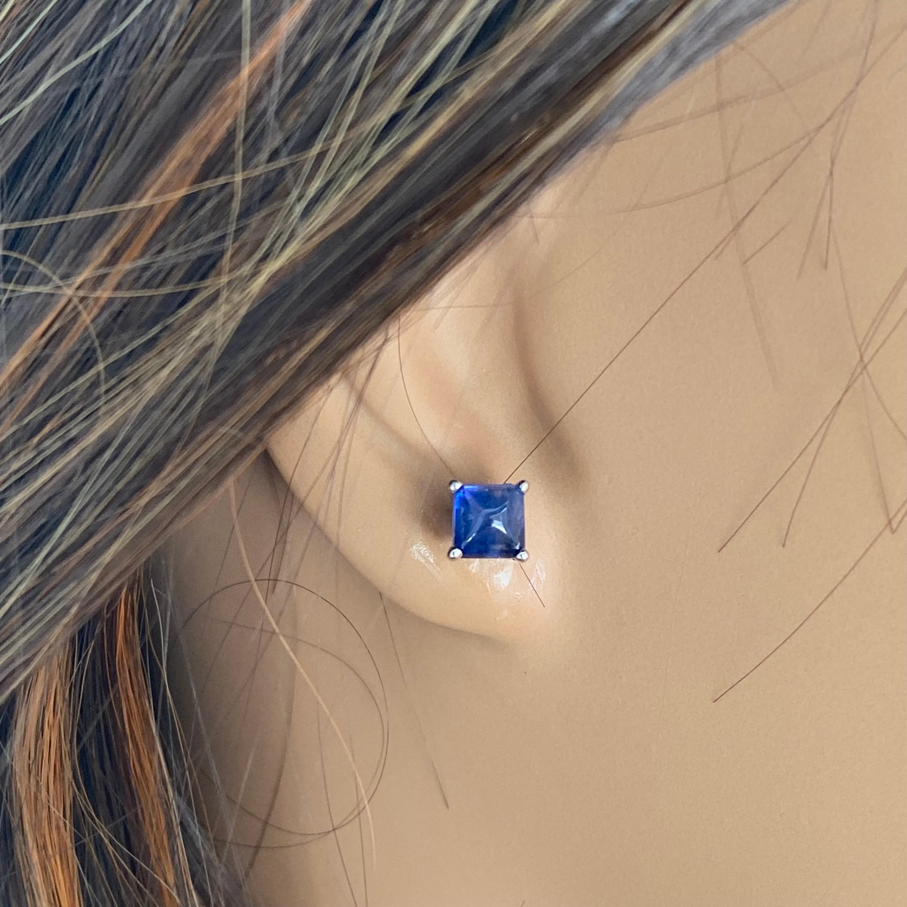 Sugarloaf Ceylon Cabochon Sapphire 2.70 Carat 0.25 Inch White Gold Stud Earrings For Sale 4