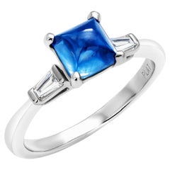 Sugarloaf Ceylon Sapphire and Baguette Diamond Platinum Engagement Ring 