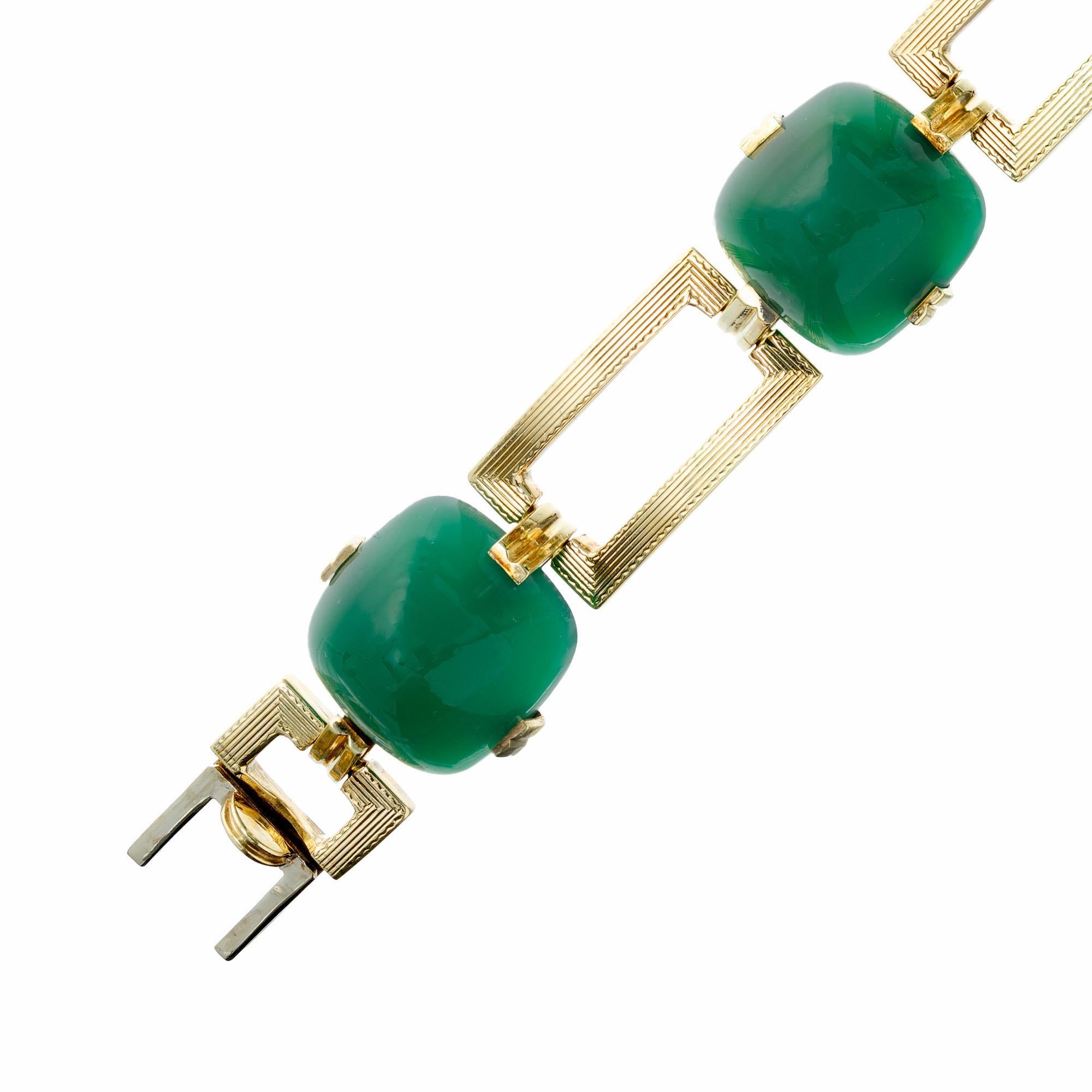 Retro Sugarloaf Cut Green Onyx Gold Link Bracelet For Sale