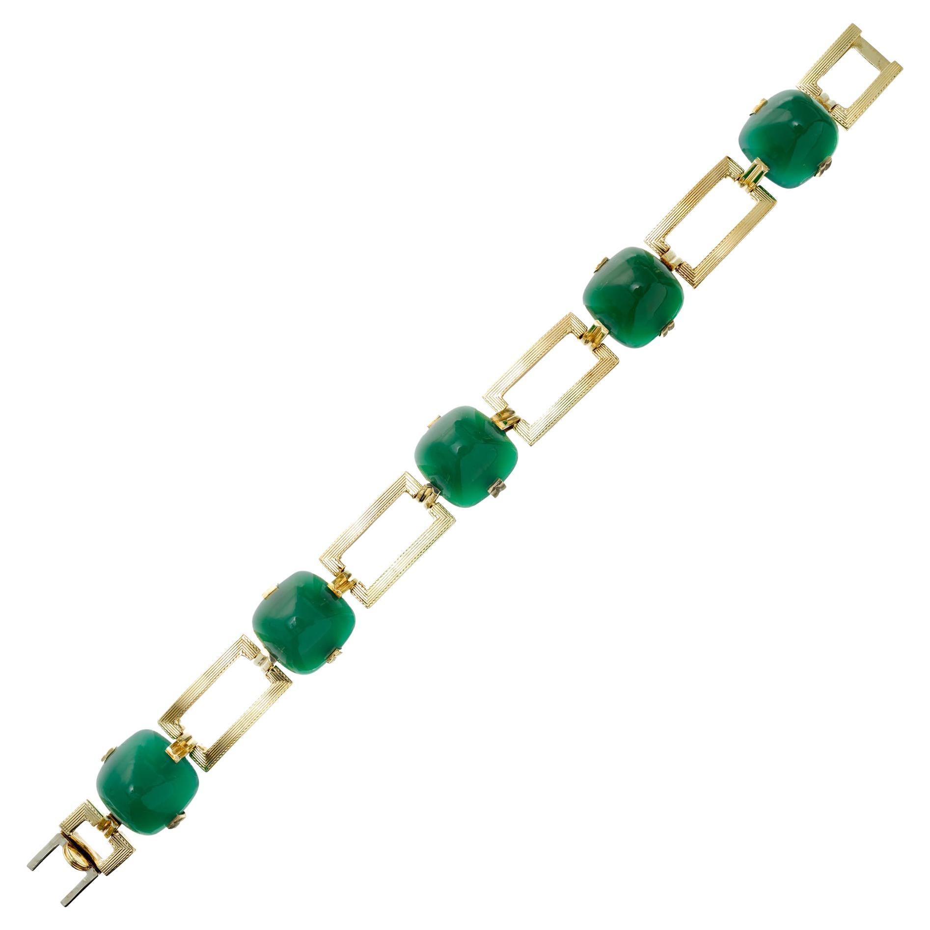 Sugarloaf Cut Green Onyx Gold Link Bracelet