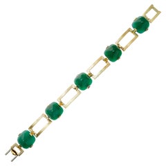 Vintage Sugarloaf Cut Green Onyx Gold Link Bracelet