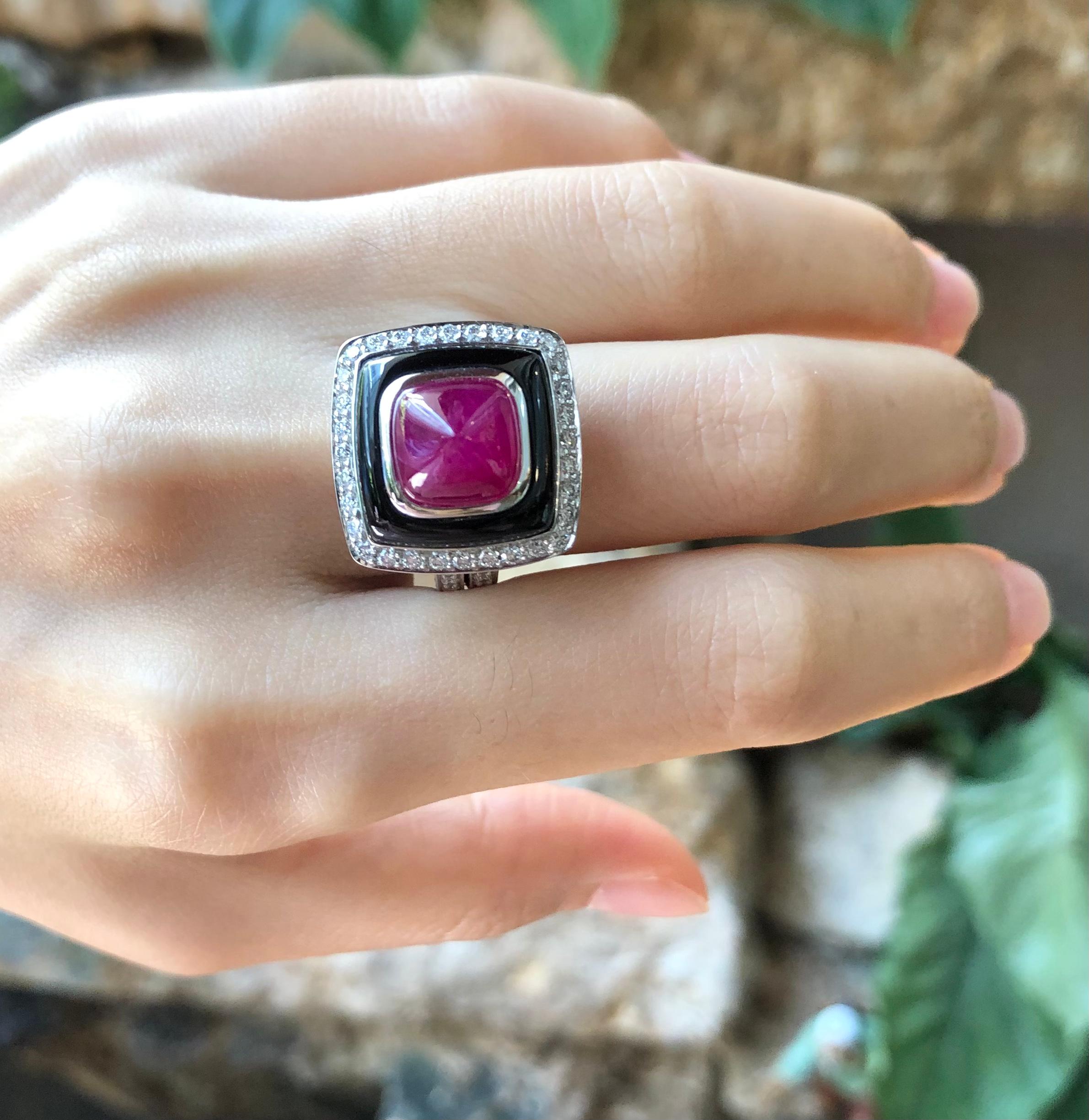 Cabochon Ruby 5.40 carats with Onyx and Diamond 1.61 carats Ring set in 18 Karat White Gold Settings

Width:  1.7 cm 
Length:  1.7 cm
Ring Size: 52
Total Weight: 16.57 grams

