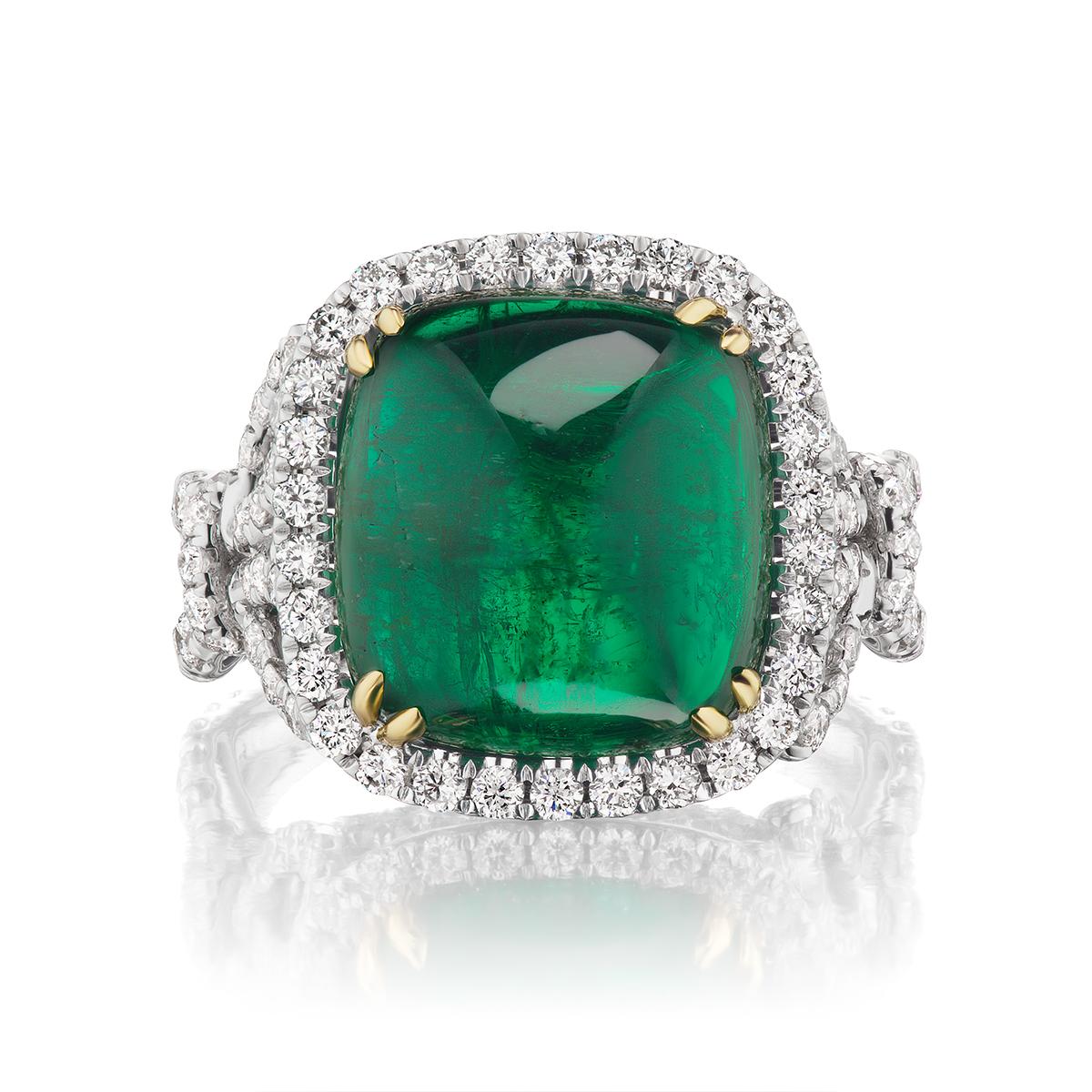 SUGARLOAF EMERALD AND DIAMOND RING
Takat's new collection displays this pleasant sugarloaf emerald with a classy design for our diamonds in a platinum setting
Item:	# 04015
Metal:	18k W
Lab:	Grs
Color Weight:	9.51 ct.
Diamond Weight:	1.68 ct.
