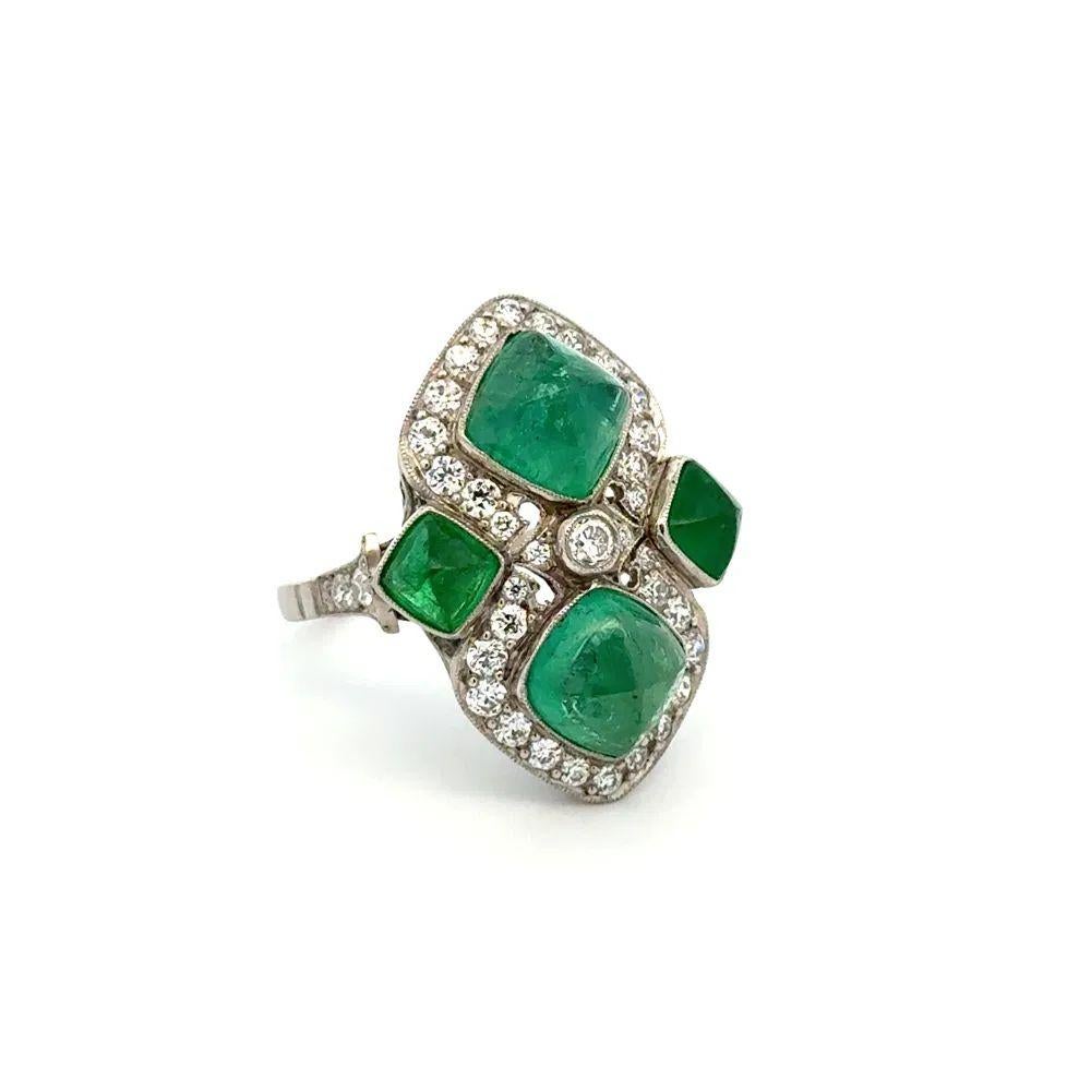 Simply Beautiful! Sugarloaf Emerald and OEC Diamond Platinum Vintage Dome Ring. Securely Hand set with 4 Cabochon Emeralds, weighing approx. 7.80tcw. Inter-spaced with 0.91tcw. Old European Cut Diamonds. Finely Hand-crafted Platinum mounting. Ring