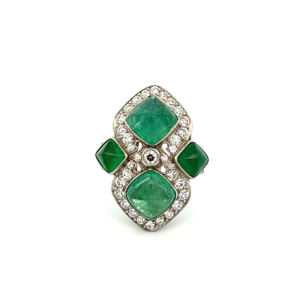Mixed Cut Sugarloaf Emerald and OEC Diamond Platinum Vintage Statement Cocktail Ring For Sale