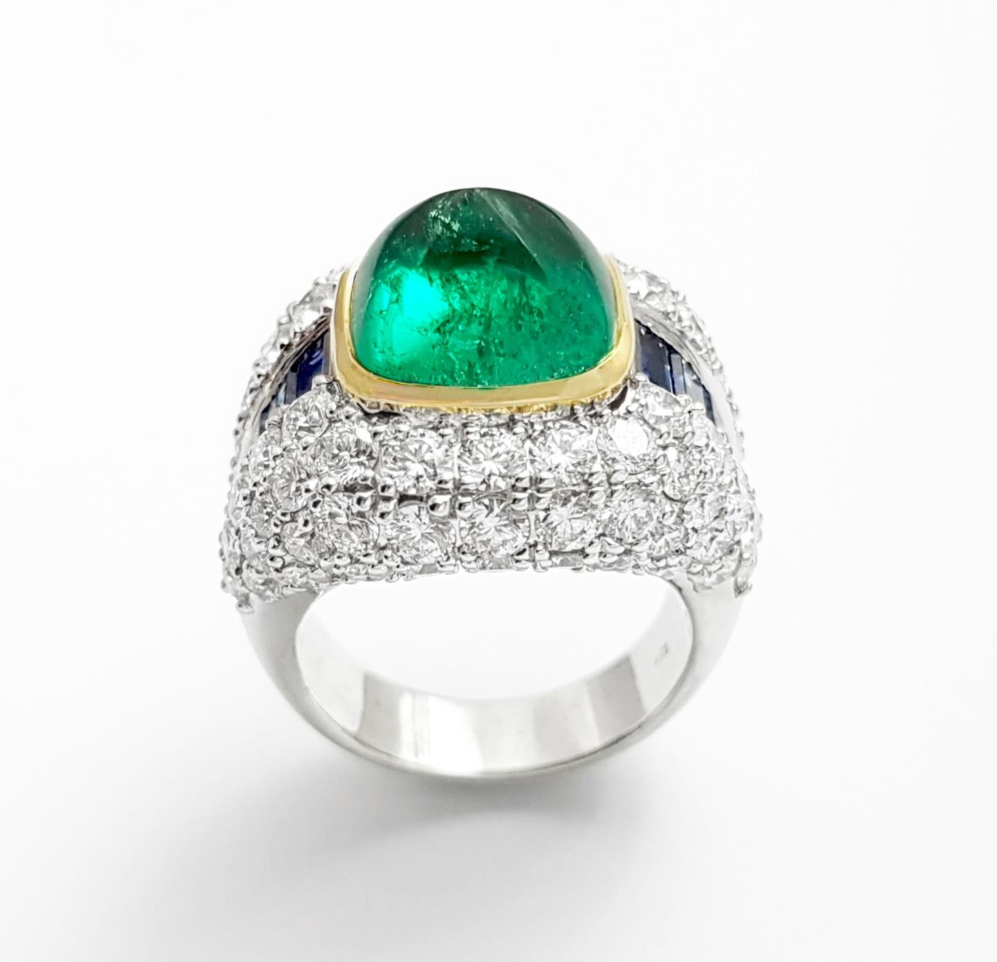 Sugarloaf Emerald, Blue Sapphire and Diamond 18K White Gold Settings For Sale 4