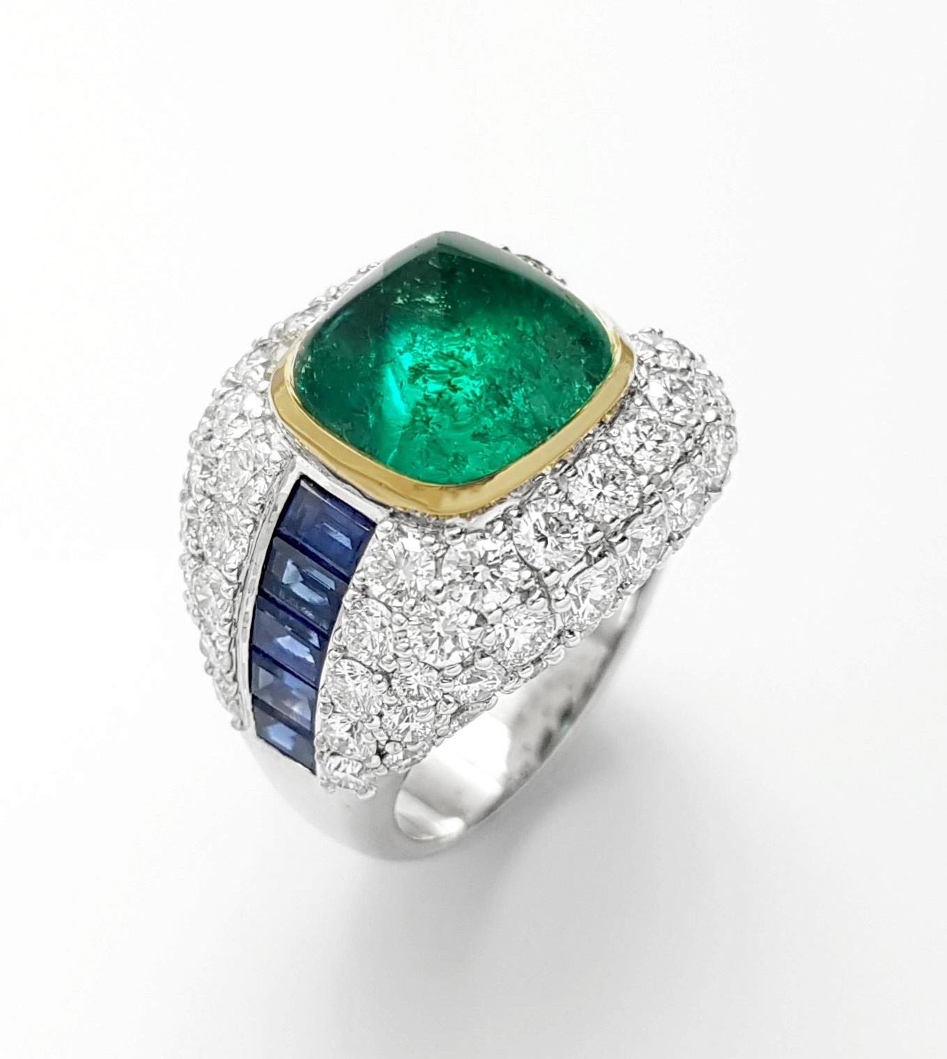Sugarloaf Emerald, Blue Sapphire and Diamond 18K White Gold Settings For Sale 6