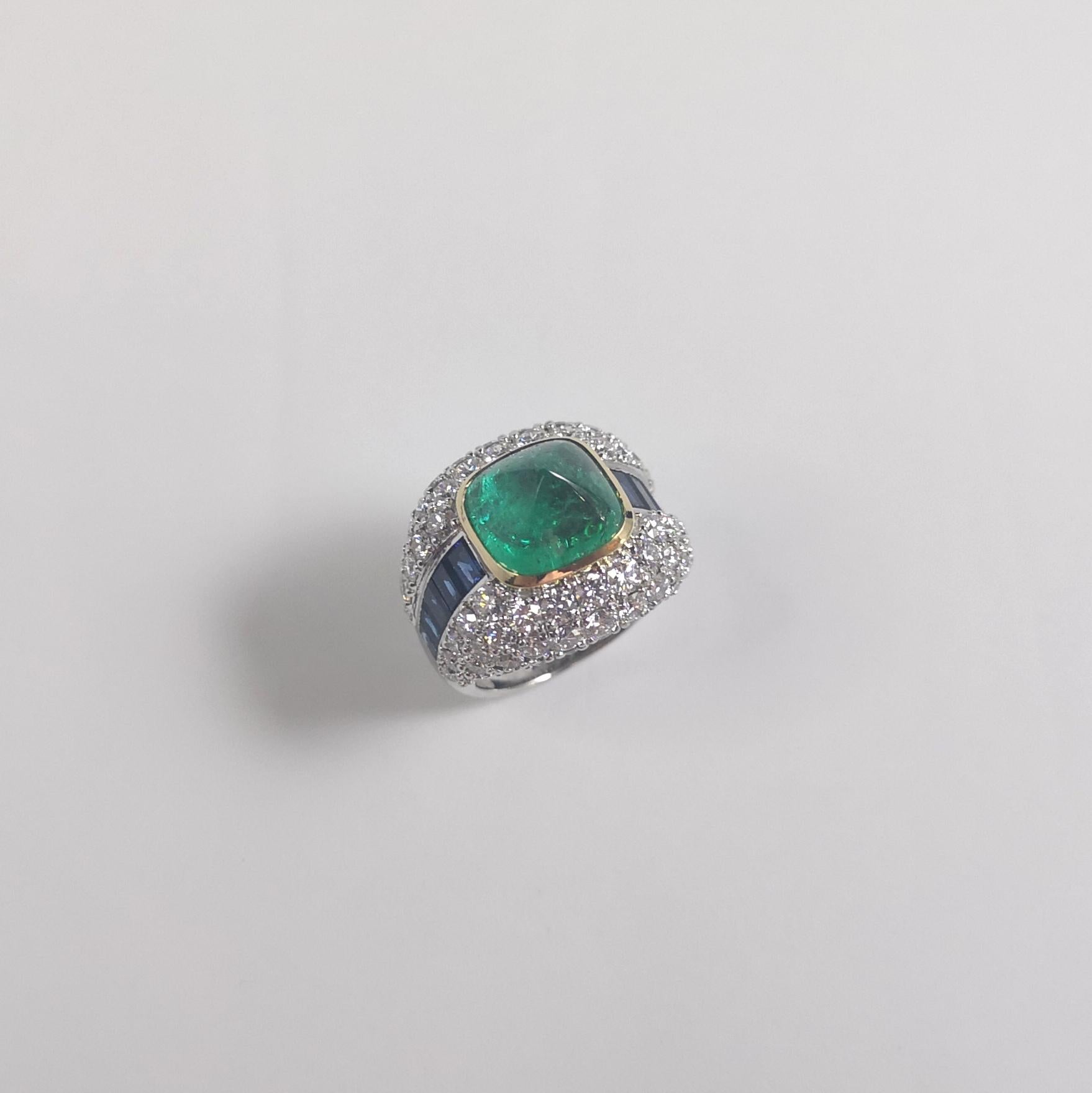 Sugarloaf Emerald, Blue Sapphire and Diamond 18K White Gold Settings For Sale 8