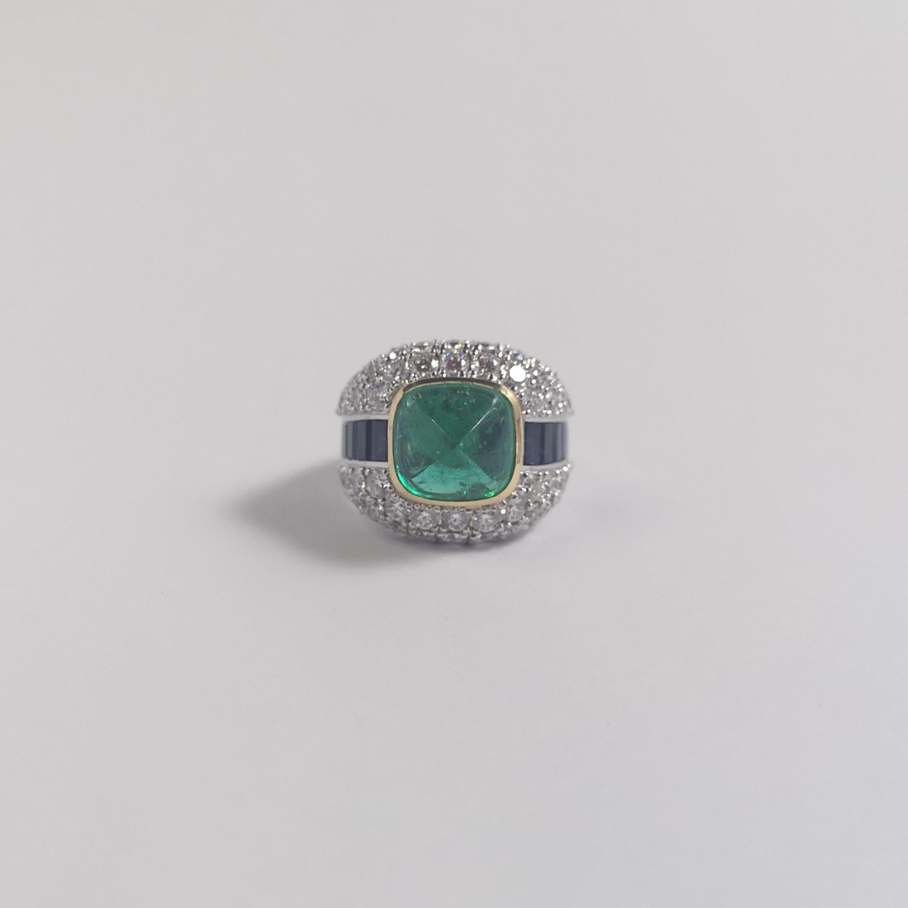 Sugarloaf Emerald, Blue Sapphire and Diamond 18K White Gold Settings For Sale 9