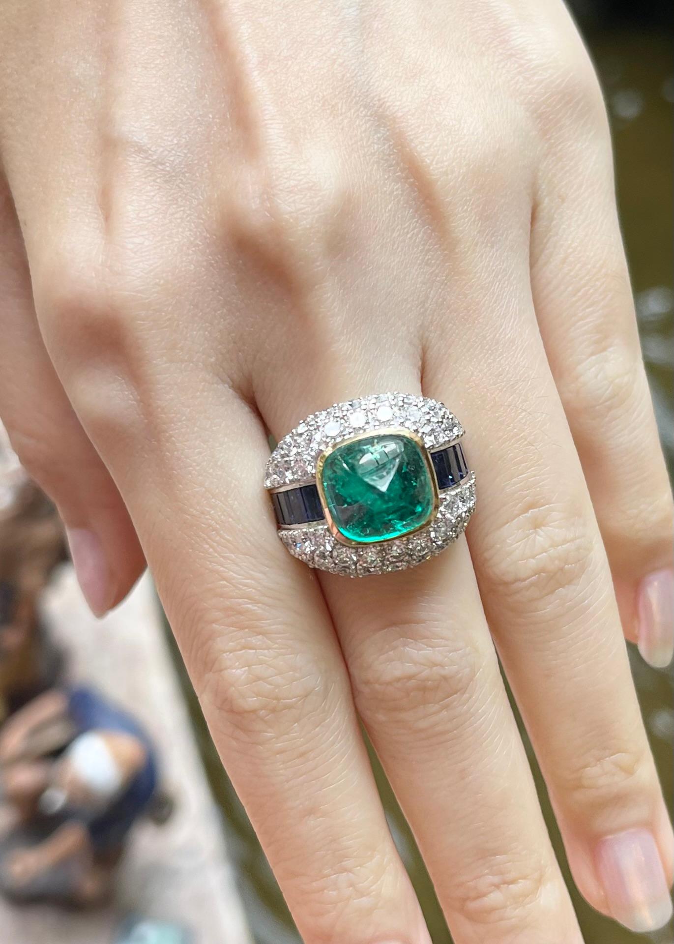 Sugarloaf Cabochon Sugarloaf Emerald, Blue Sapphire and Diamond 18K White Gold Settings For Sale