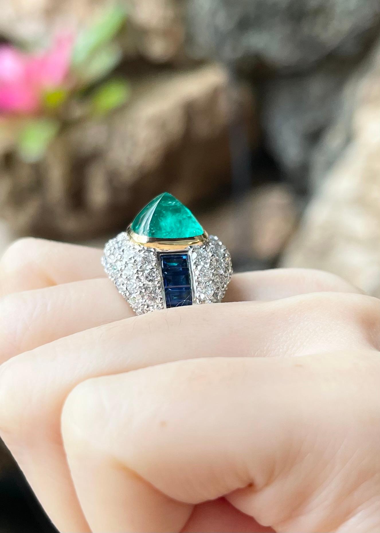 Women's or Men's Sugarloaf Emerald, Blue Sapphire and Diamond 18K White Gold Settings For Sale
