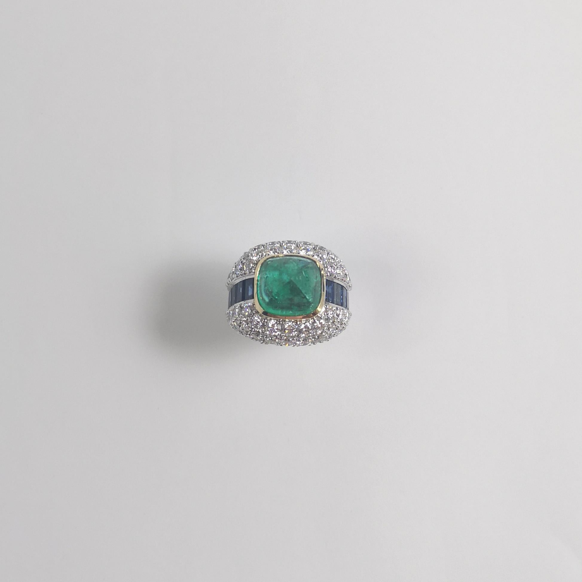 Sugarloaf Emerald, Blue Sapphire and Diamond 18K White Gold Settings For Sale 1