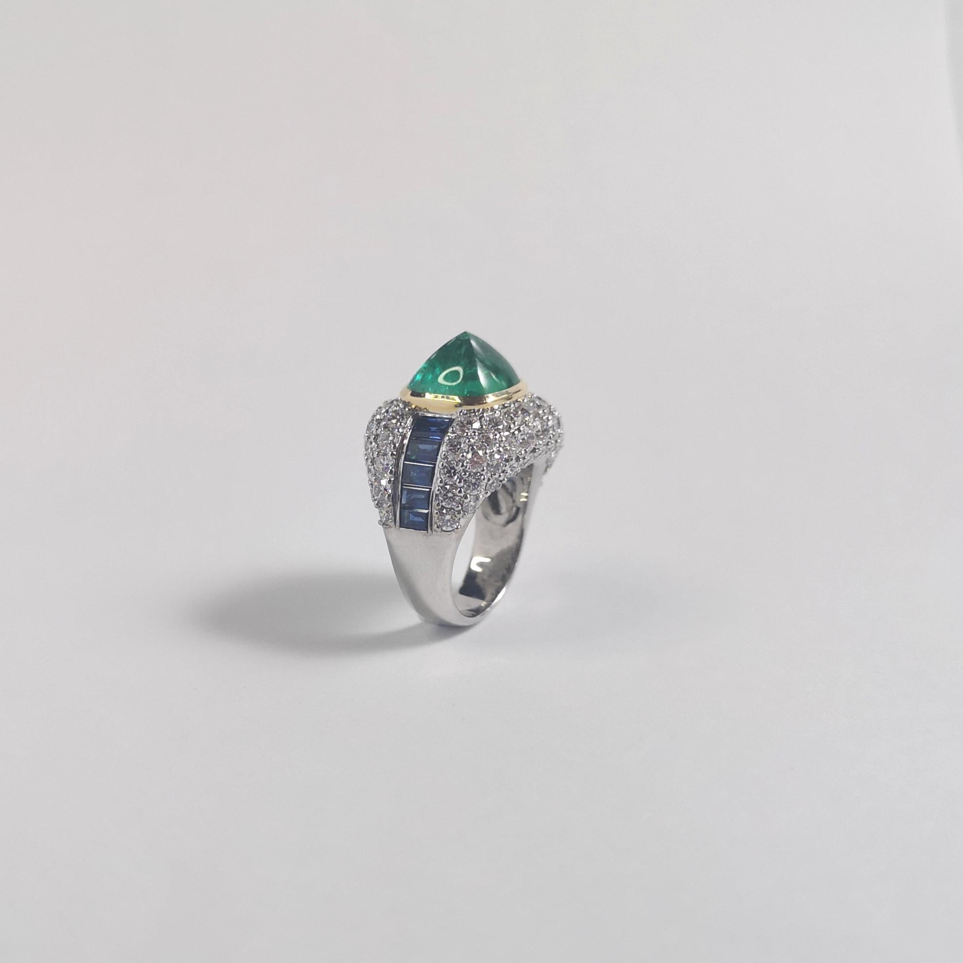 Sugarloaf Emerald, Blue Sapphire and Diamond 18K White Gold Settings For Sale 2