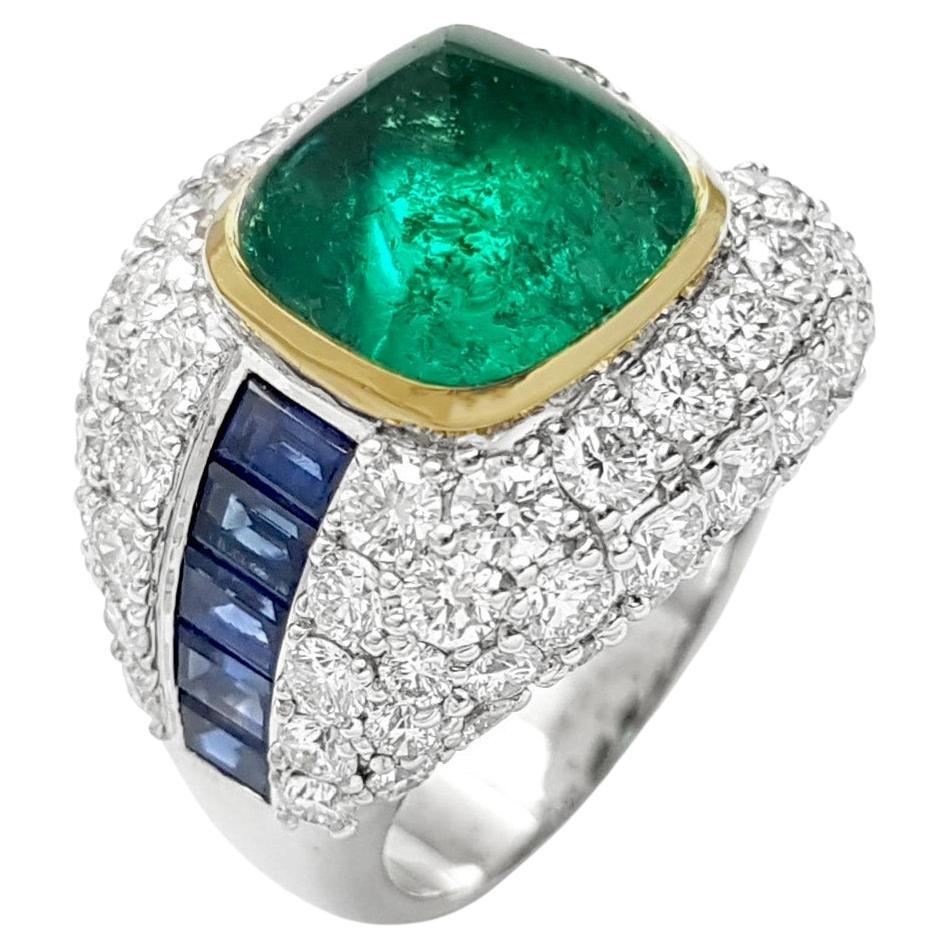 Sugarloaf Emerald, Blue Sapphire and Diamond 18K White Gold Settings