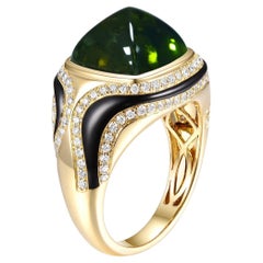 Cocktailring aus 18 Karat Gelbgold mit grünem Turmalin und Diamant-Emaille mit Zuckerhut-Schliff