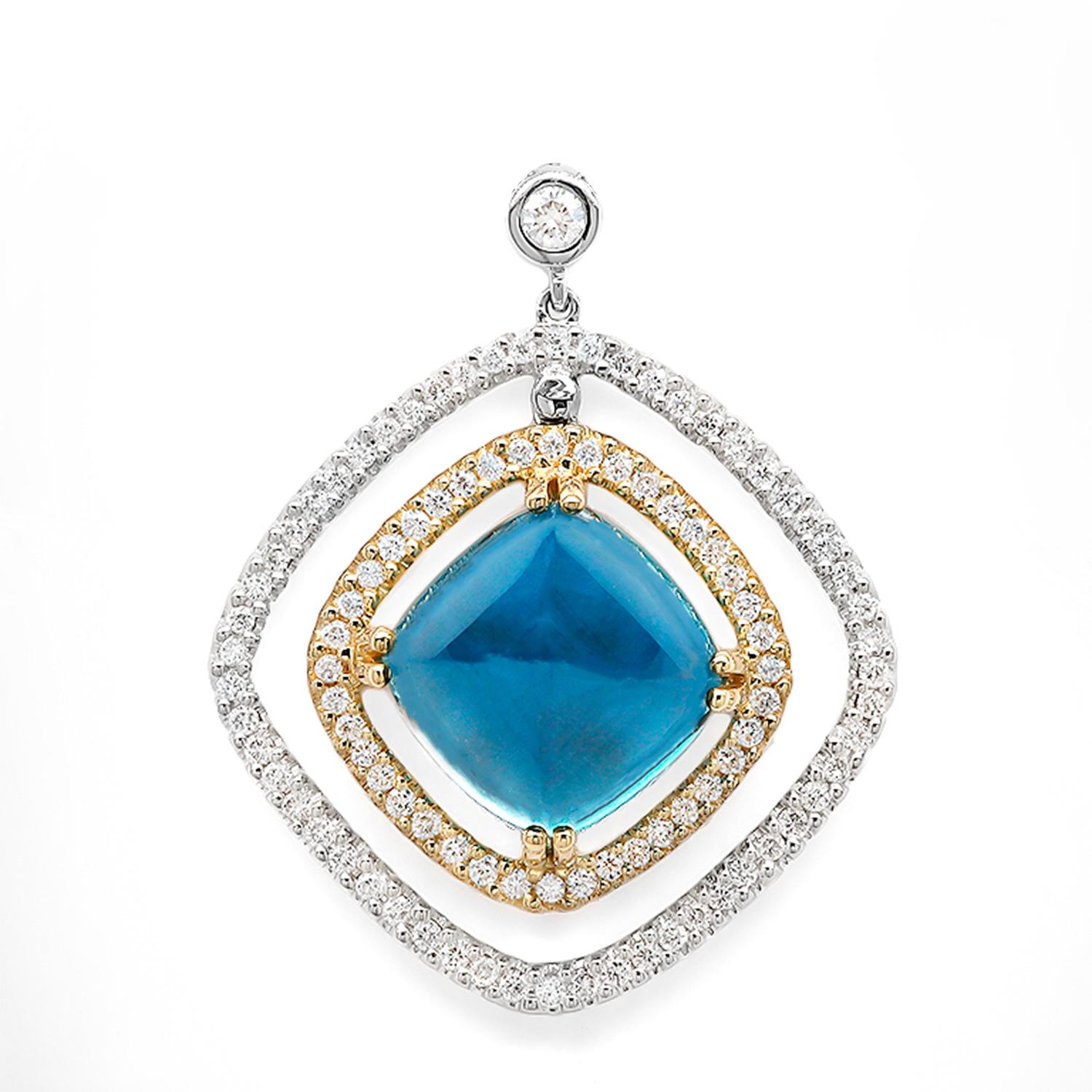 Contemporary Sugarloaf London Blue Topaz Pendant Necklace Diamonds 4.88 Carats 18K Gold For Sale