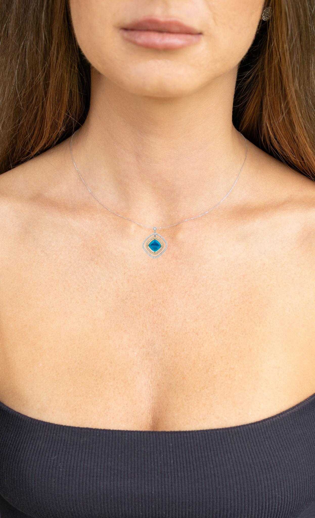 Sugarloaf Cabochon Sugarloaf London Blue Topaz Pendant Necklace Diamonds 4.88 Carats 18K Gold For Sale
